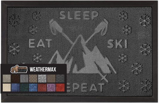 GORILLA GRIP 100% Waterproof All-Season WeatherMax Doormat, US Designed Natural Rubber, Stain and Fade Resistant, Low Profile Indoor Outdoor Door Mats, Easy Clean Patio Mat, 17x29, Graphite Skiing