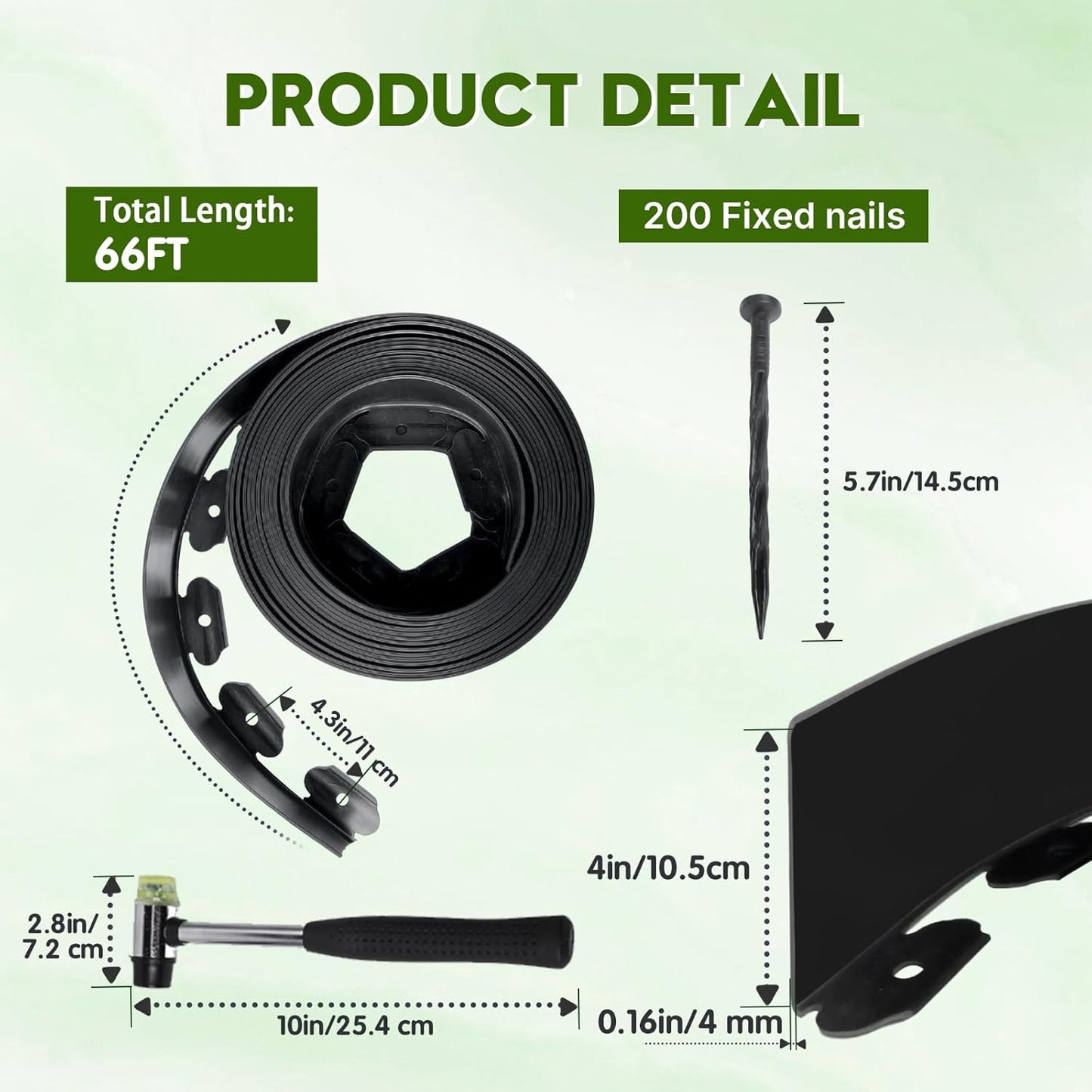No Dig Landscape Edging 4" x 66FT Kit, Plastic Edging for Landscaping with 200 Spikes, for Garden, Lawn, Flower Beds and Yard