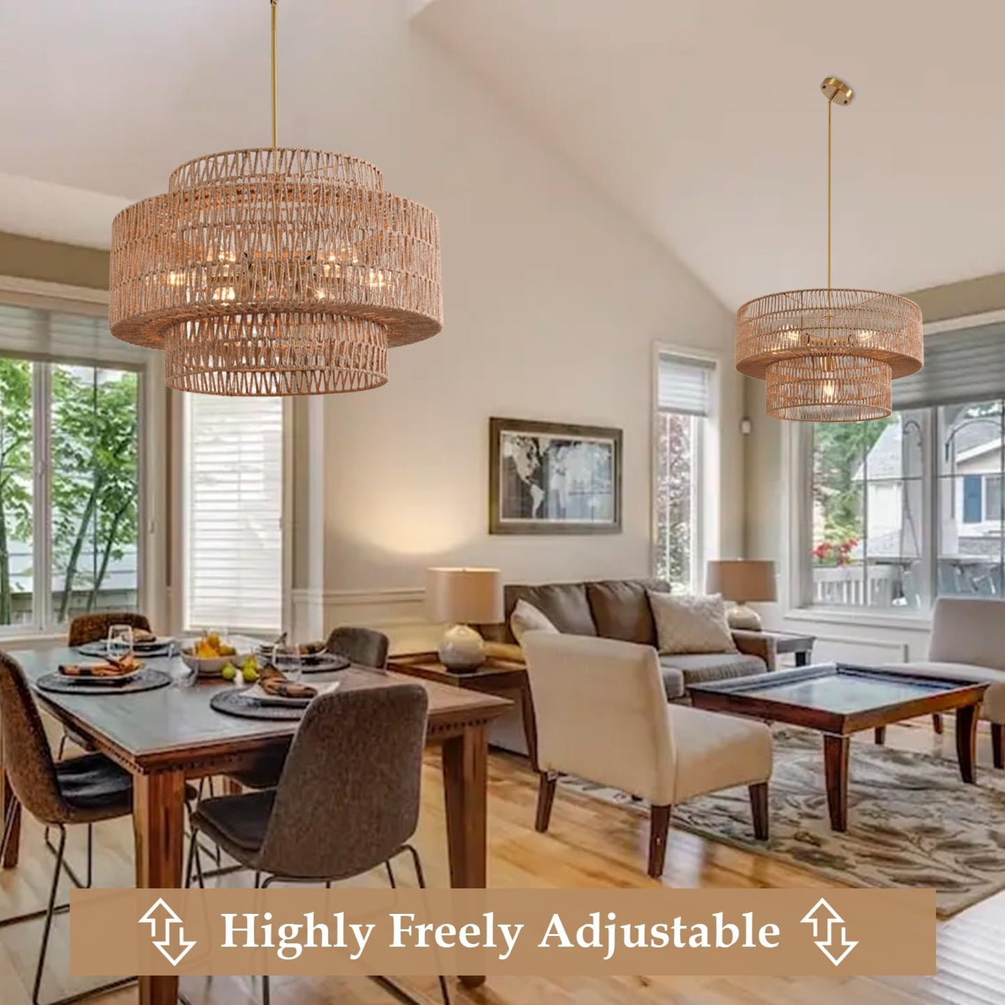 Rattan Chandelier Farmhouse 6 Lights Hand Woven Large Boho Chandeliers for Dining Room Light Fixture Hanging 23.62" Wicker Pendant Lighting for Island