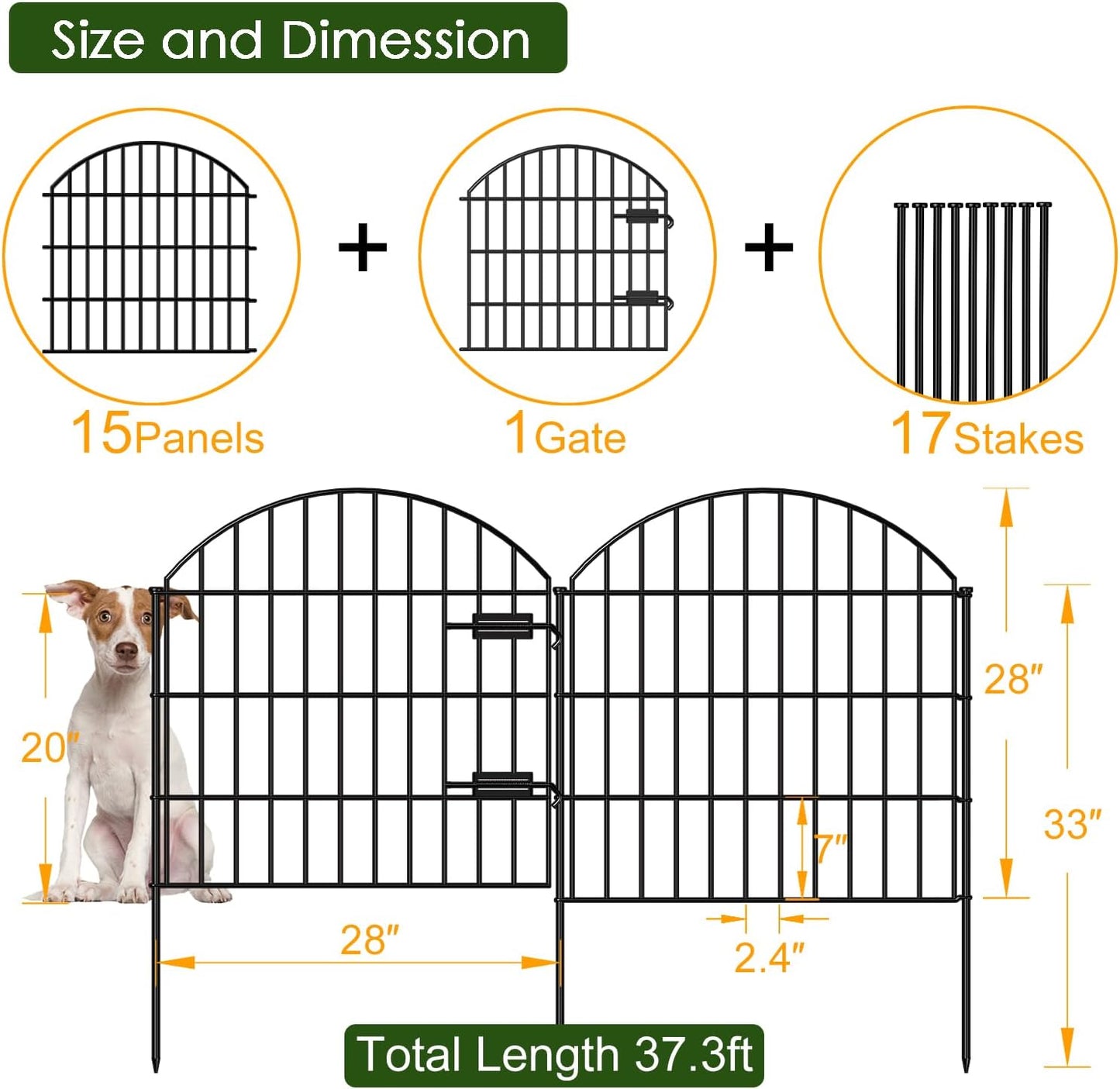 Metal Garden Fence with Gate 28in (H) x 37.3ft (L), 1 Gate + 15 Panels Dog Fences Border Fence Animal Barrier, No Dig Garden Fencing for Yard Backyard Landscape, ECG2816G Black
