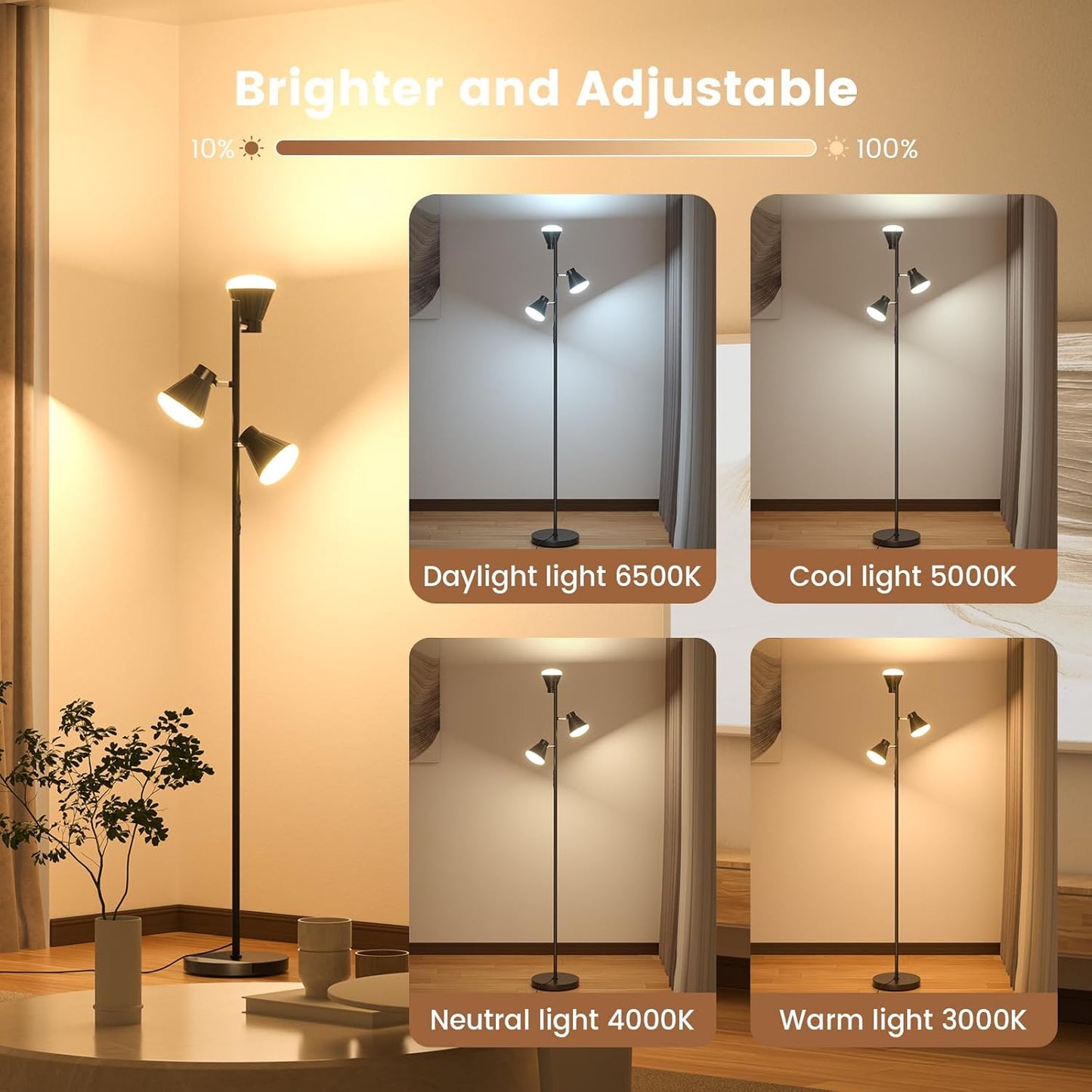 36W LED Tree Floor Lamp, Dimmable Tall Standing Lamp with Remote & Touch Control, 4 Color Temperatures Bright Floor Lamp, 3 Rotatable Light Modern Floor Lamps for Living Room Bedroom Office