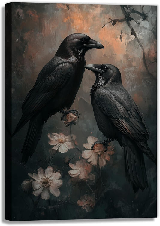 OAAPITI Birds Canvas Wall Art Black Couple Crow Picture Print Vintage Gothic Raven Artwork for Living Room Halloween Home Wall Decor(Artwork-7,12"x18")