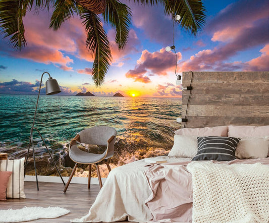 Palm Tree Beach Seascape Wall Mural Wallpaper for Bedroom Living Room(Not Peel and Stick)
