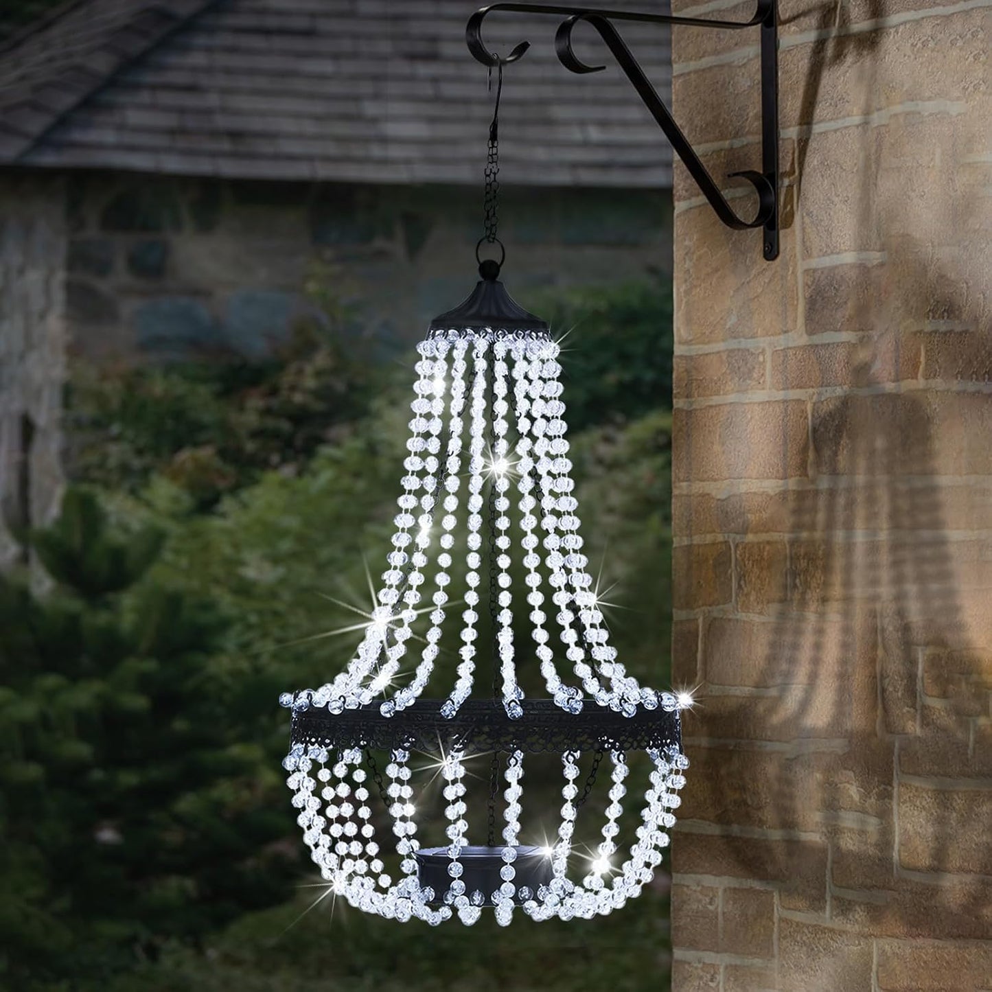 Hanging Solar Chandelier Outdoor, 30 Cool White Lights Acrylic Clear Beaded Chandelier with S Hooks Modern Lantern for Garden Yard Patio Gazebo Decorations, 28”H