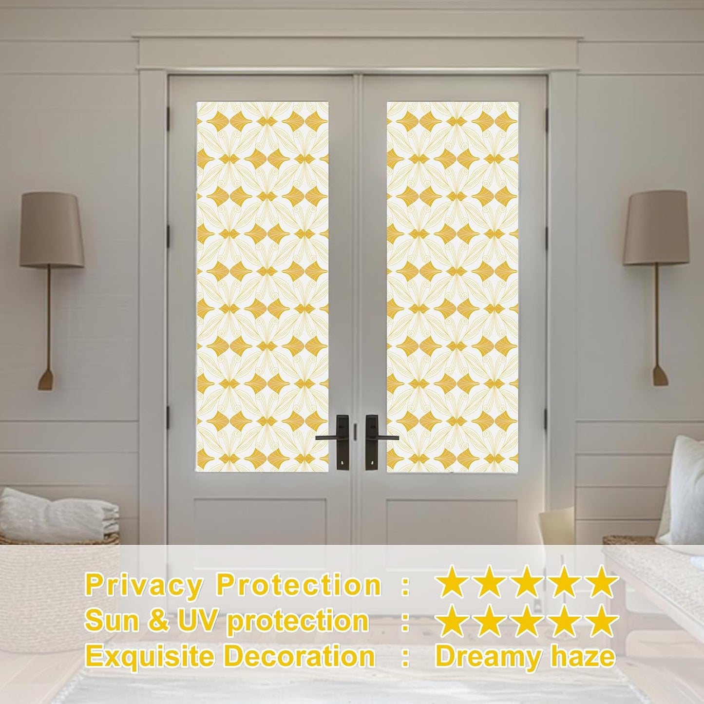 Window Privacy Film Stained Glass Decorative Static Clings Frosted Window Tint for Home Room Decor Bathroom Door Car Stickers with Glittering Effect, Removable(Golden Geometry)