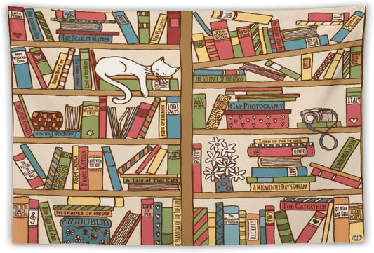 Kurtect Bookshelf Tapestry,Cute Cartoon Cat Sleeping Library Theme Pattern Print Tapestries for Party Beach Picnic Blankets Tablecloths Living Room Wall Deocr, 60x90 in