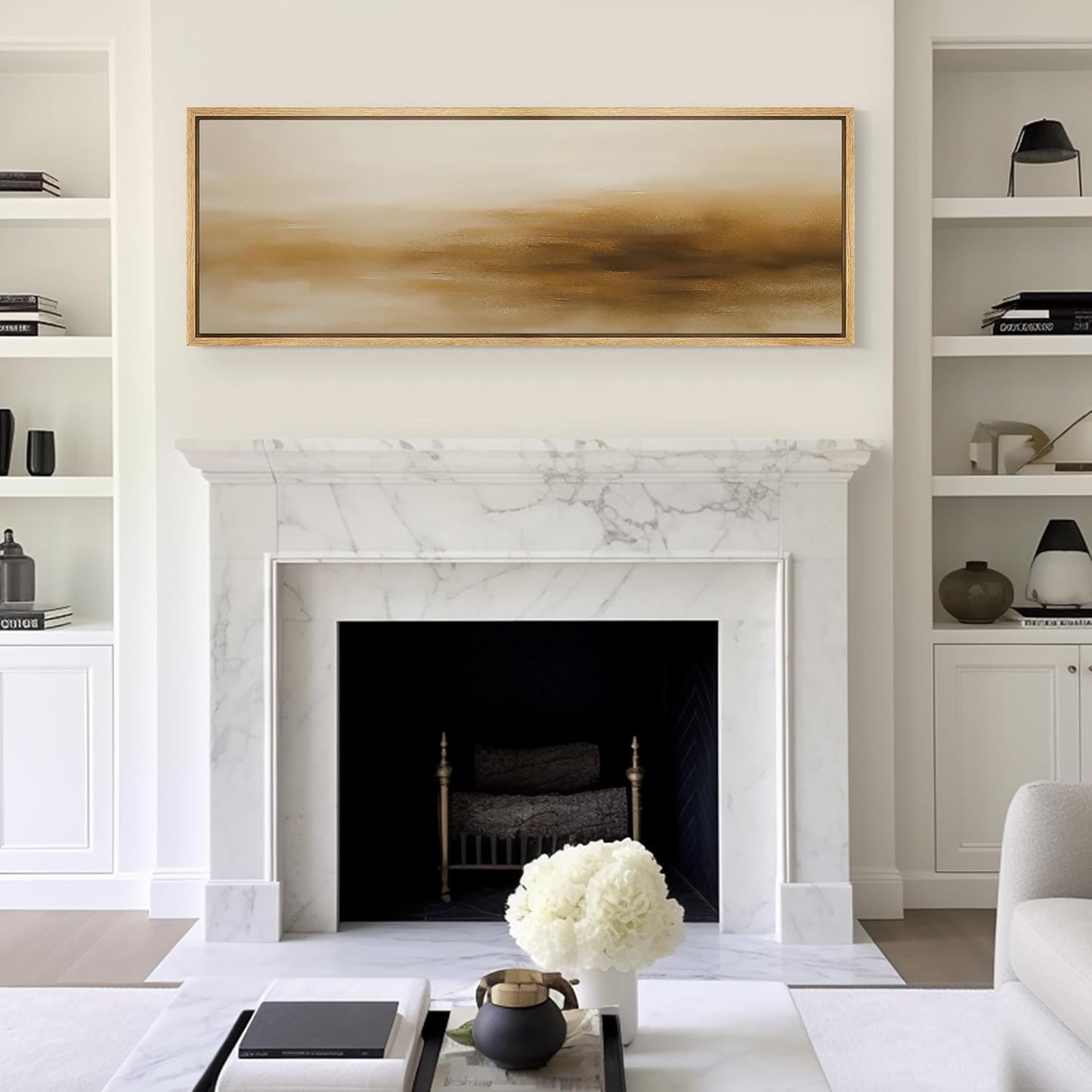 MUDECOR Large Framed Canvas Print Wall Art Minimalist Golden Brown Abstract Modern Neutral Illustrations Decorative Colorful for Bedroom - 60"x20"