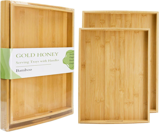 GOLD HONEY Bamboo Serving Tray with Handles Set of 2 - Decorative Wooden Tray for Living Room, Bathroom, Suitable for Used in Bedroom, Kitchen, Coffee Table, Working and Storing - 17x13in, 16x12in