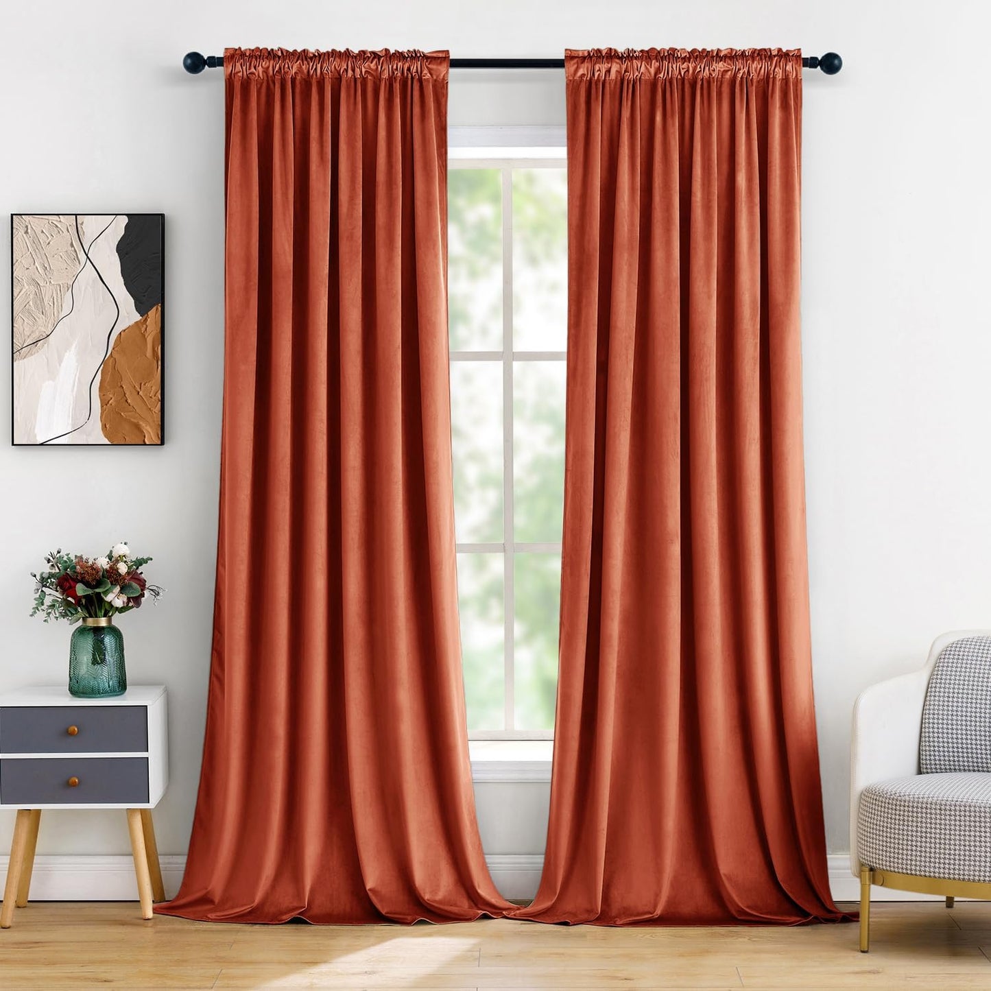 MIULEE Burnt Orange Velvet Curtains Thermal Insulated Blackout Curtain Fall Drapes for Bedroom Living Room Darkening 84 Inches Long Rust Terracotta Panels Rod Pocket Set of 2