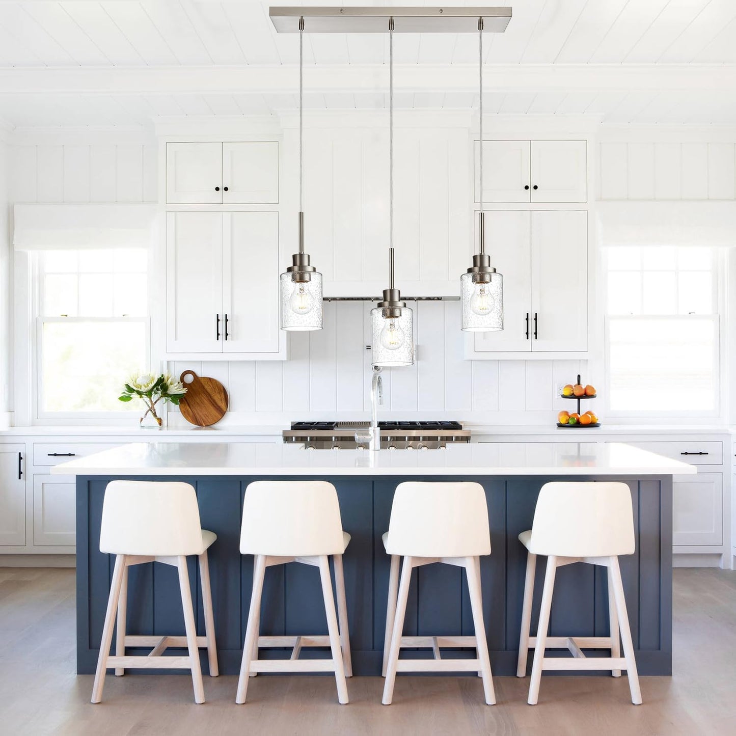 3-Light Farmhouse Chandelier Light Fixture Brushed Nickel Clear Seeded Glass Dining Room Hanging Modern Pendant Lighting Over Table,Traditional Ceiling Lights for Kitchen Island Entryway