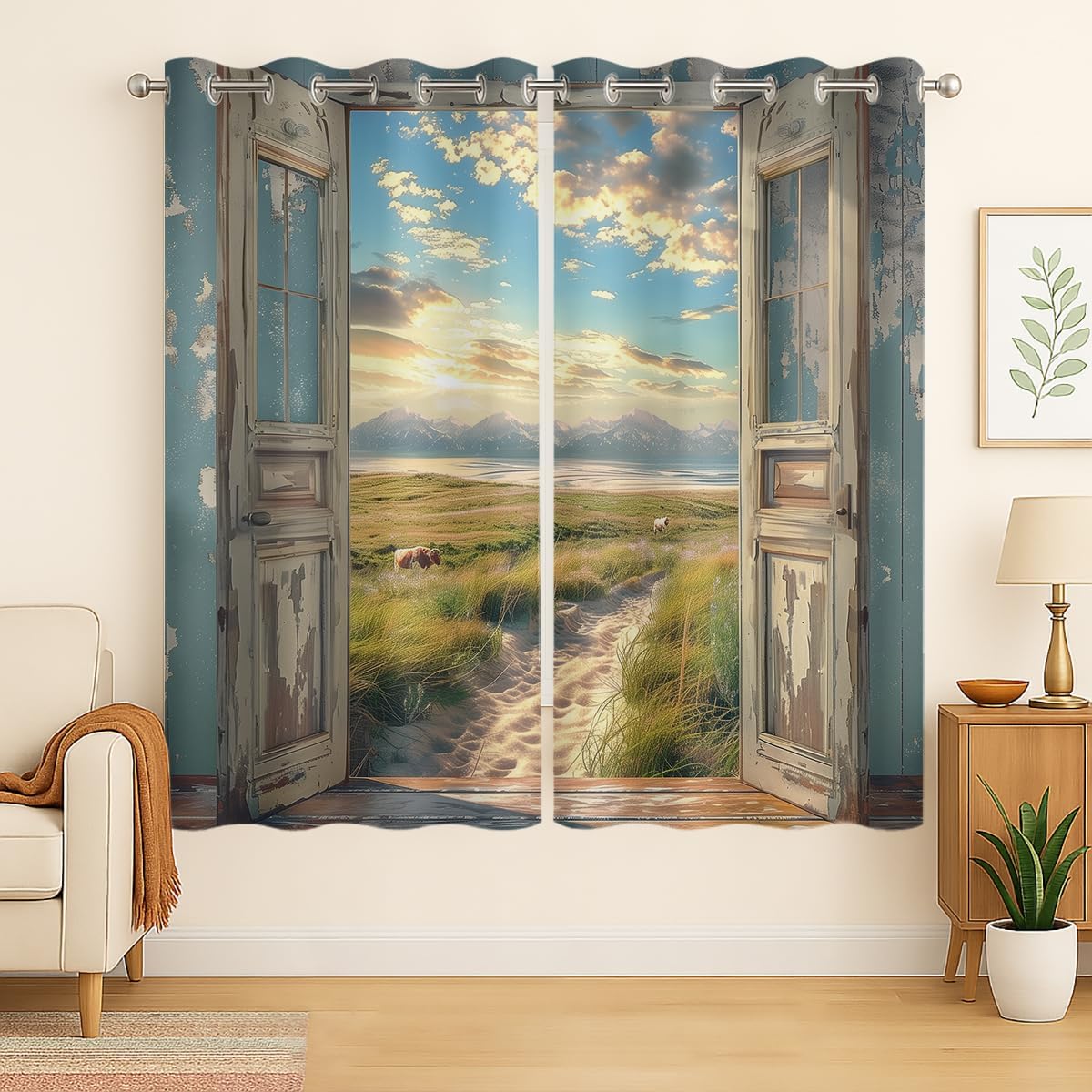 Landscape Blackout Curtains for Girls Boys Home Decor, Cow Sunset Grassland Mountain Natural Scenery Grommet Thermal Insulated Drapes Darkening Window Curtain for Bedroom Living Room, 42 x 63 Inch