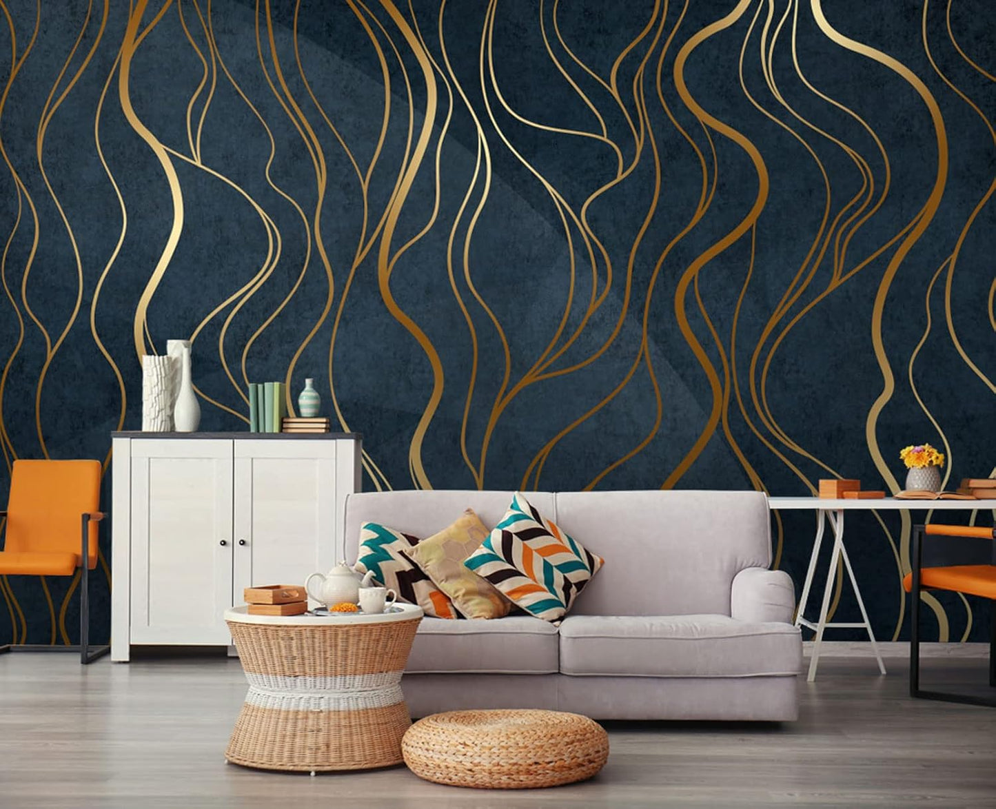 Simple Golden Lines Wall Mural Wallpaper for Bedroom 137" x 100"