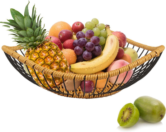 Vine Woven Iron Fruit Bowl, Metal Wire Fruit Basket, Vegetable Drain Basket, Storage Baskets for kitchen counter, countertop,Snacks, Candy, Bread,Cosmetics,Table decorative(10 x 2.95 Inches)