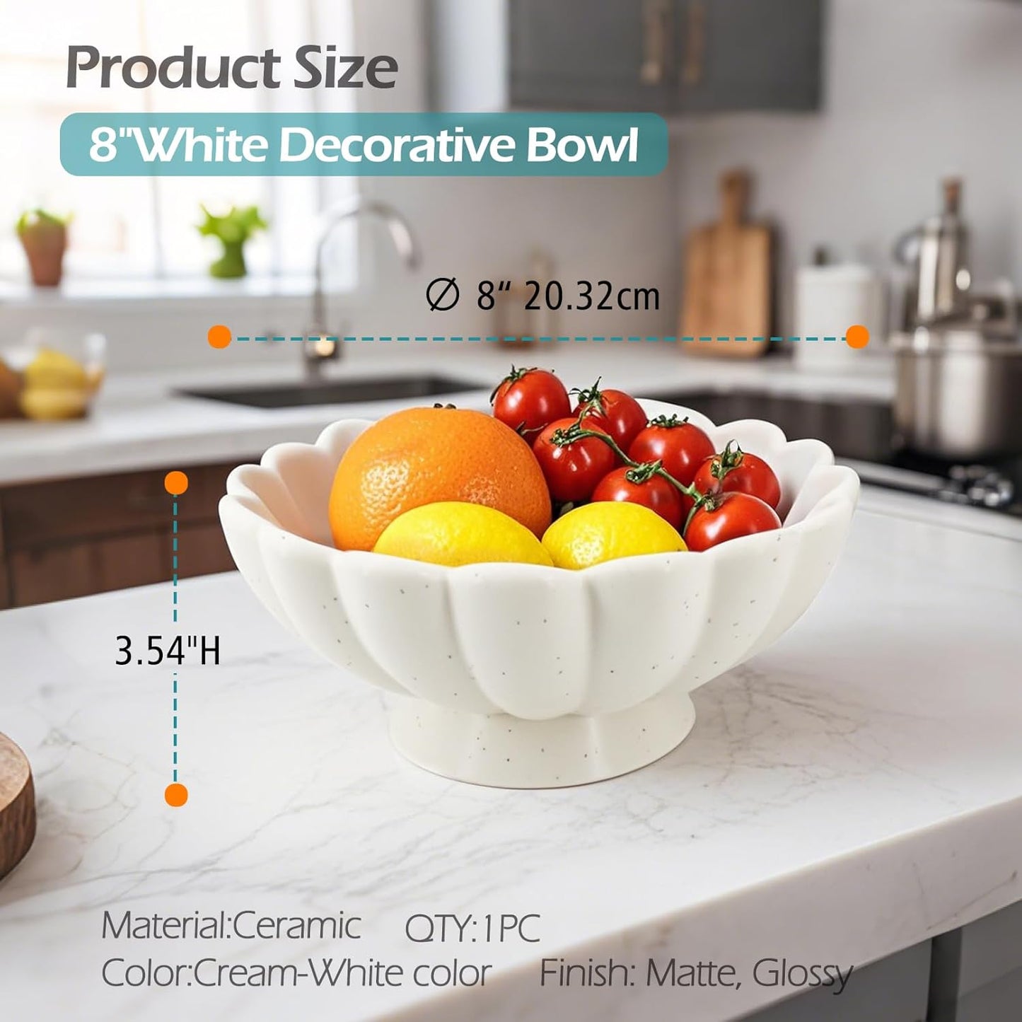 Accessoryway 8" White Fluted Scalloped Decorative Bowls -Moderate Ceramic Fruit Bowl for Kitchen Counter, Elegant Wavy Edge Centerpiece Bowls for Home Decor, Perfect for Housewarming &Wedding Gift