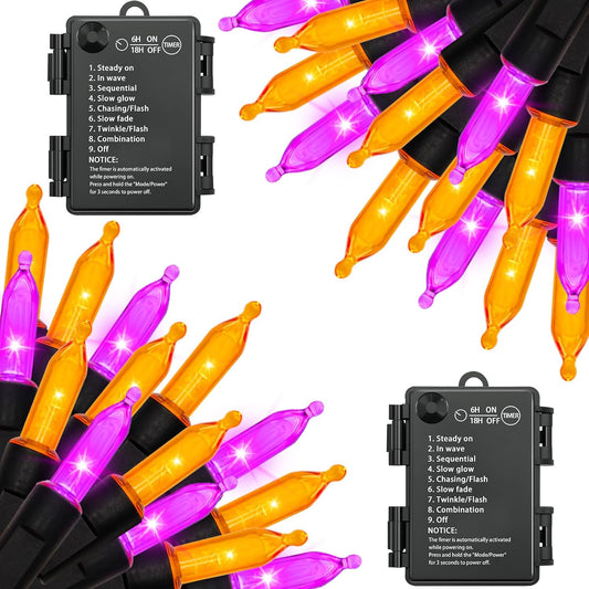 Halloween Lights, 2 Pack 100 LED Orange & Purple Battery Operated Mini String Light, 32 Ft Total Waterproof Halloween Lights 8 Modes for Indoor Outdoor Patio Garden Holiday Party Decorations