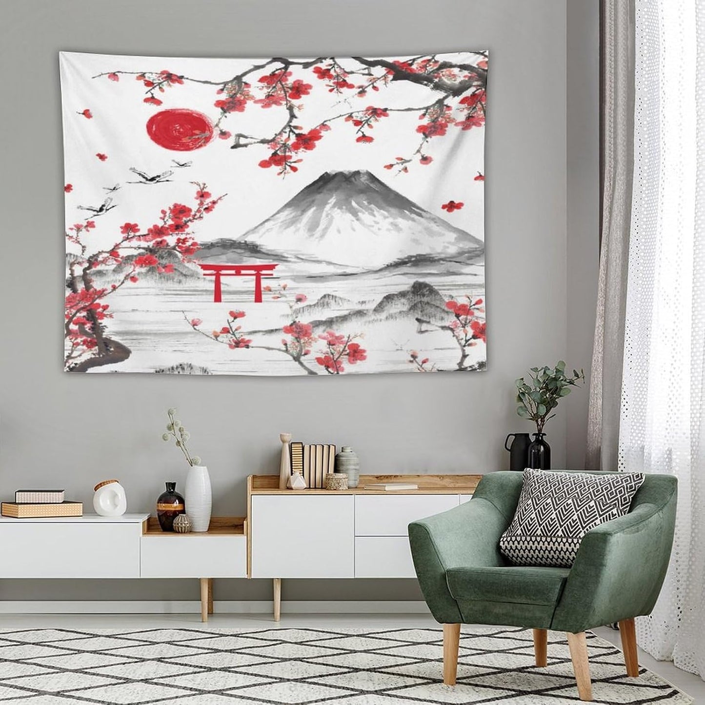 Red Cherry Blossoms Tapestry, Japanese Fuji Mountain Tapestry, Asian Japanese Wall Tapestry, Nature Landscape Tapestries for Bedroom Living Room Decor 80"x60"