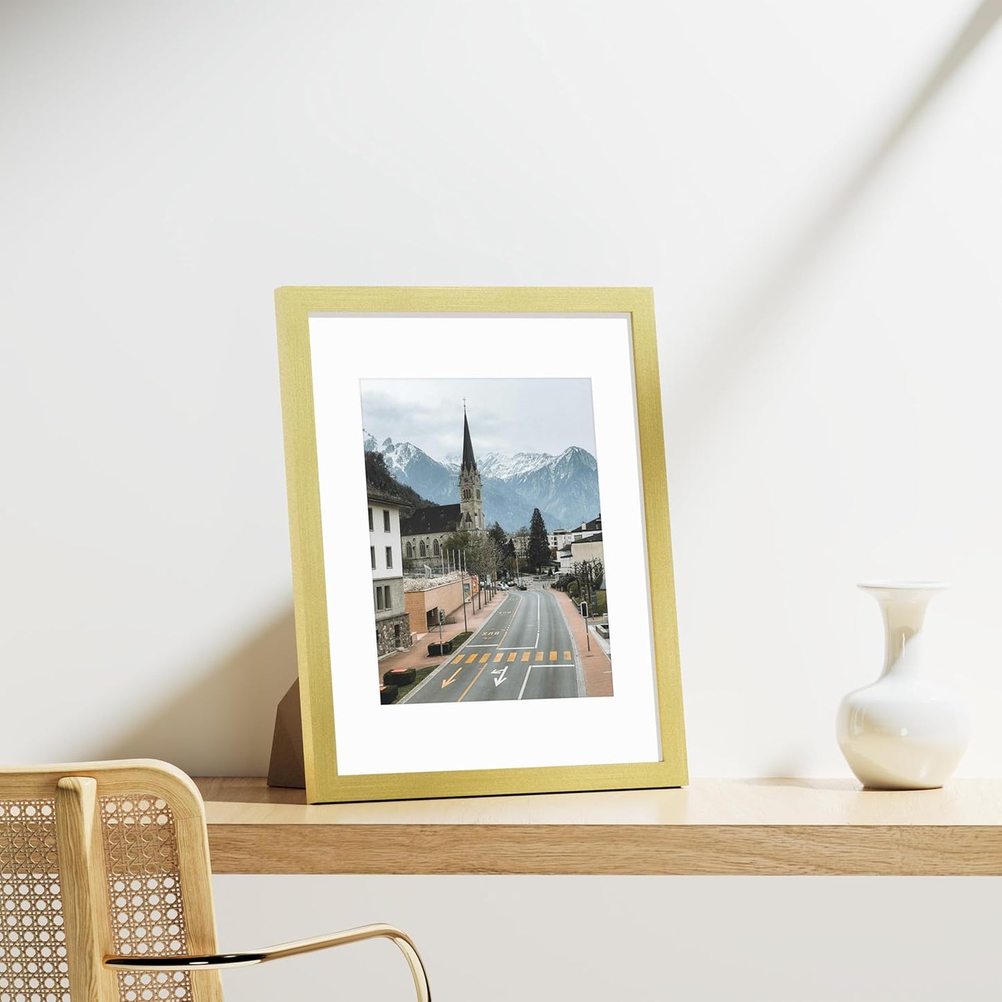 Vittanly 11x14 Picture Frames Set of 9, Shatter Resistant Plexiglass, Display 8x10 Pictures with Mat or 11x14 without Mat, Photo Frames for Wall or Tabletop, Engineered Wood, Gold