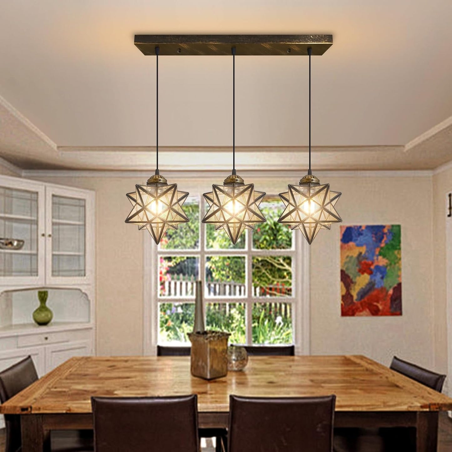 Glam Chandelier 3 Lights Glass Star Pendant Lights for Dining Table Kitchen Island Modern Ceiling Hanging Lights Included LED Warm Light Bulbs Oiled Bronze