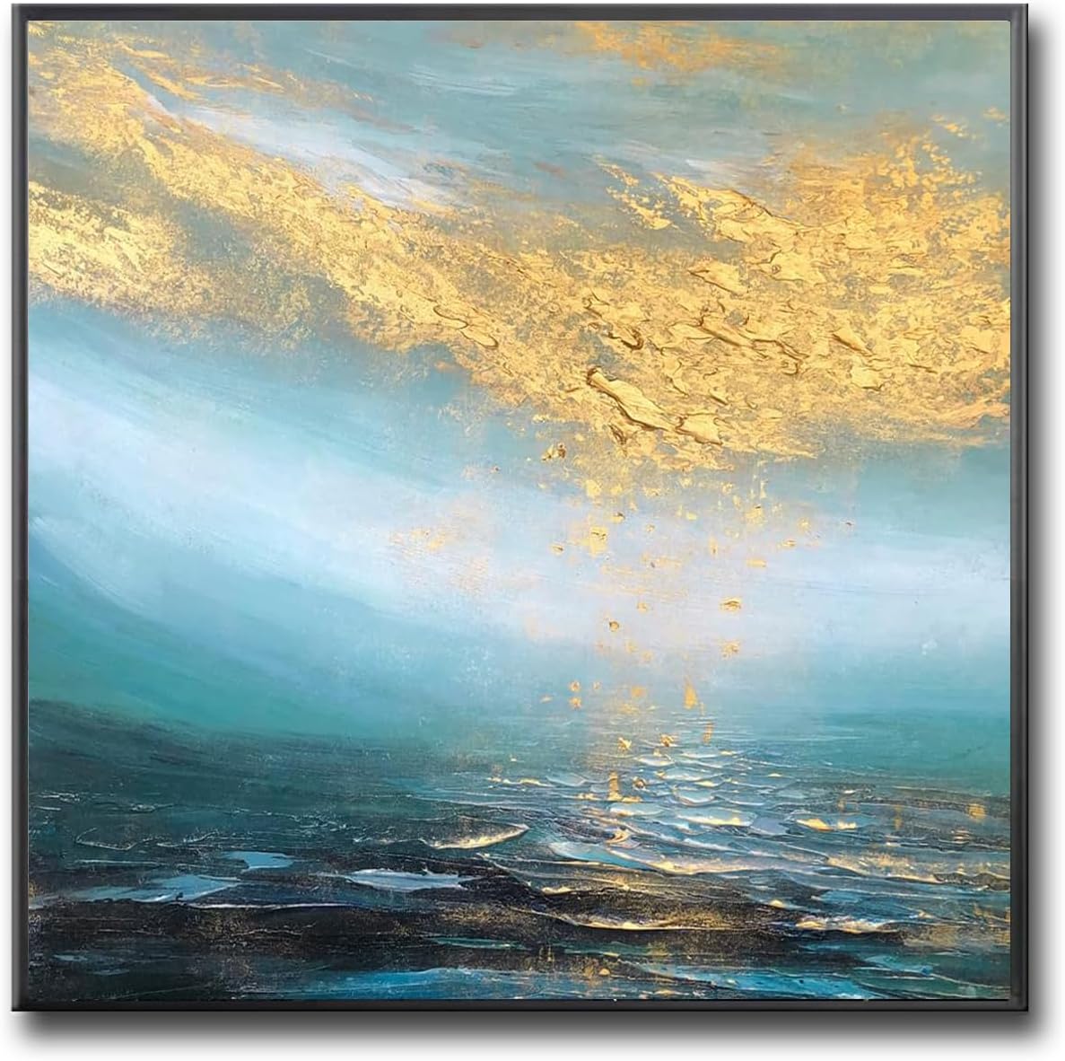 Hand Painted Blue Ocean Oil Painting for Office, Large Abstract Wall Art for Living Room, Framed Seascape Wall Picture for Kitchen Bedroom Home Decor 32x32inch