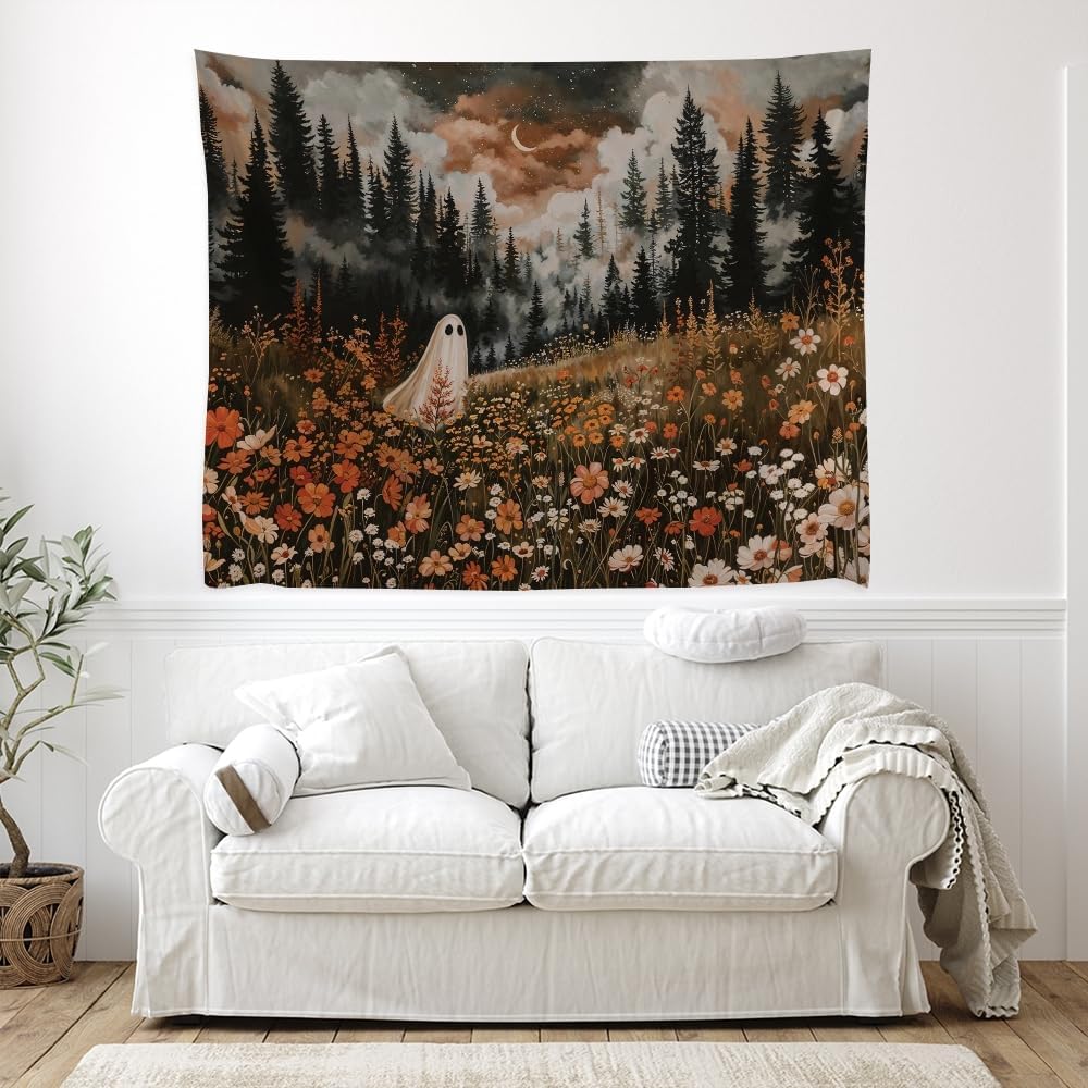 Spooky Fall Forest Art Halloween Tapestry Wall Hanging Cute and Funny Forest Flower Ghost Tapestry for Bedroom Whimsical Dark Academia Aesthetic Tapestries for Home Living Room Decor 40x60inch