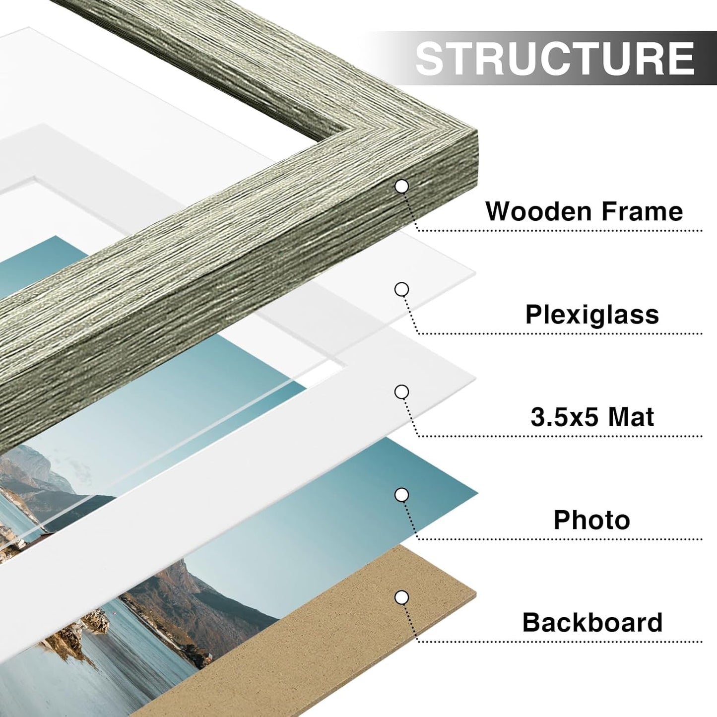 Vittanly 4x6 Picture Frames Set of 9, Shatter Resistant Plexiglass, Display 3.5x5 Pictures with Mat or 4x6 without Mat, Photo Frames for Wall or Tabletop, Engineered Wood, Driftwood