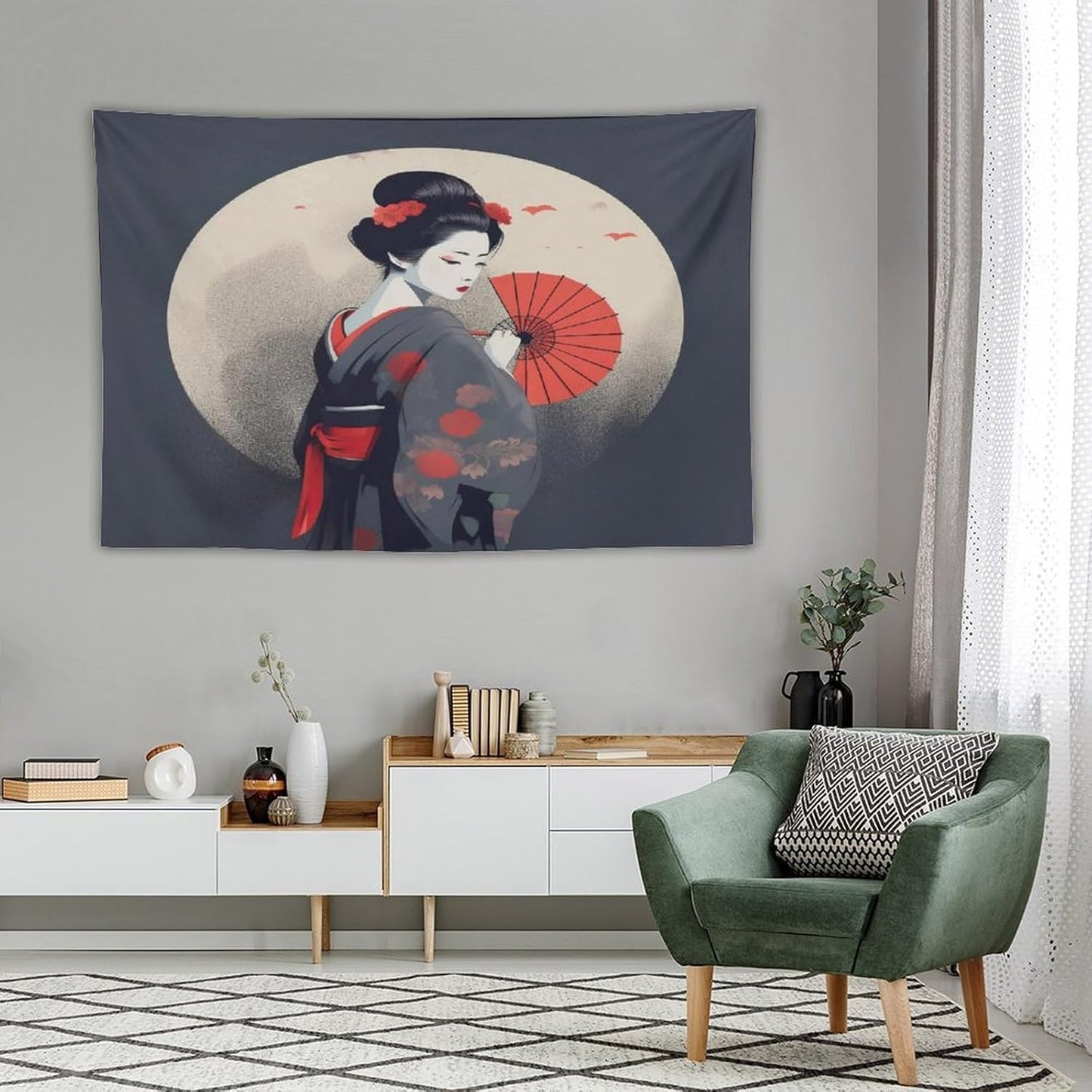 Japanese Woman Geisha Tapestry Asian Red Cherry Blossom Red Sun Traditional Kimono Folk Tapestries Home Decor for Living Room Bedroom Apartment Farmhouse Dorm 60"x40"