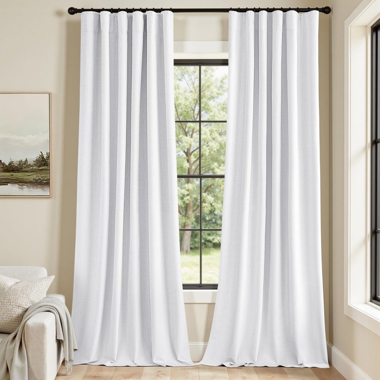 MIULEE 100% Blackout Curtains 108 Inch Long 2 Panels Set for Bedroom, Thick Faux Linen Black Out Curtain Room Darkening Back Tab Pleat Window Textured Drapes with Hooks for Living Room, Bright White