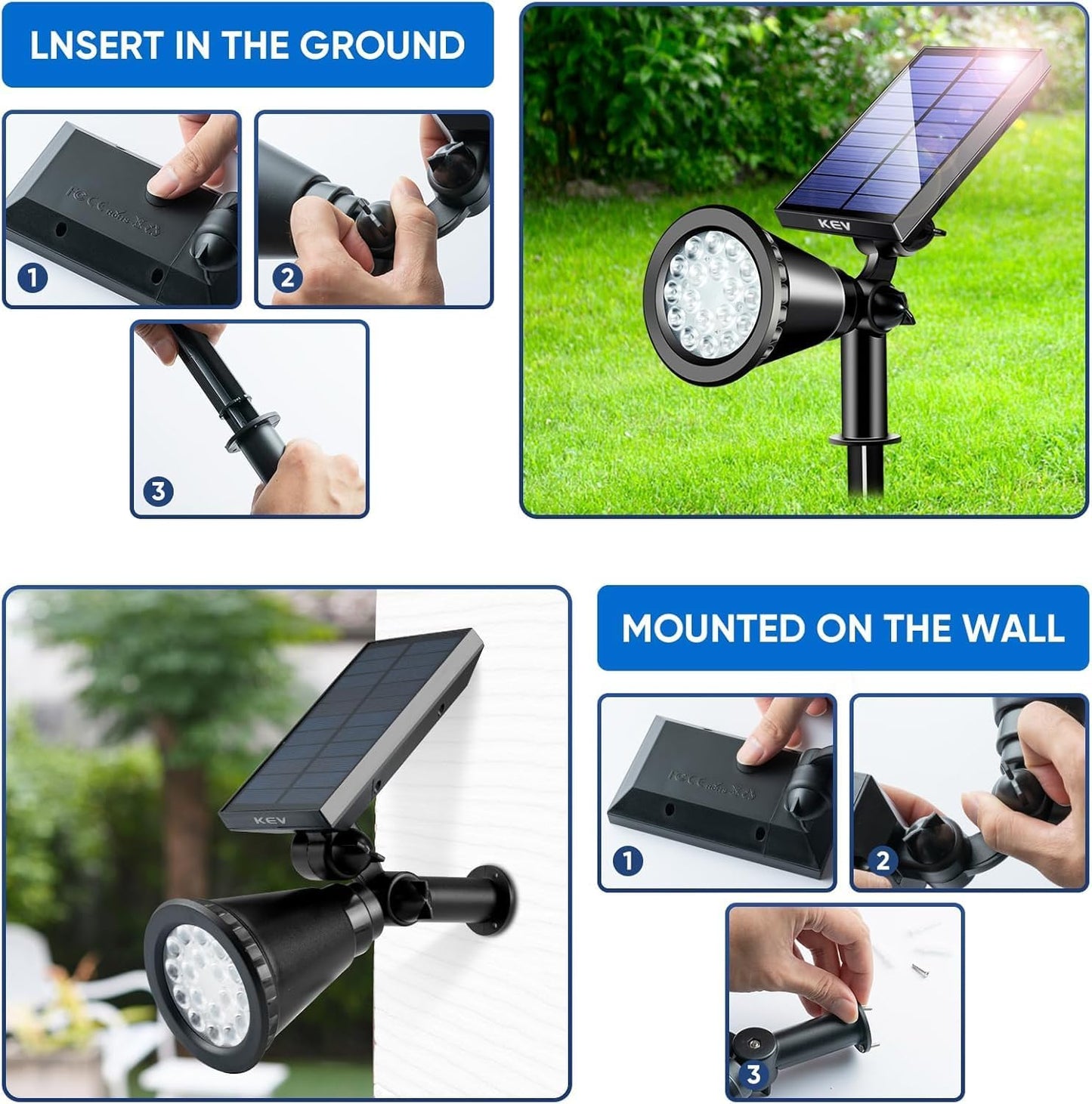 KEV Solar Spot Lights Outdoor,18 LEDs Color Changing RGB Solar Flood Lights with 8 Modes &IPX65 Waterproof,Halloween Solar Spotlight for Driveway/Backyard/Landscape/Tree(Multicolor,2 Pack)