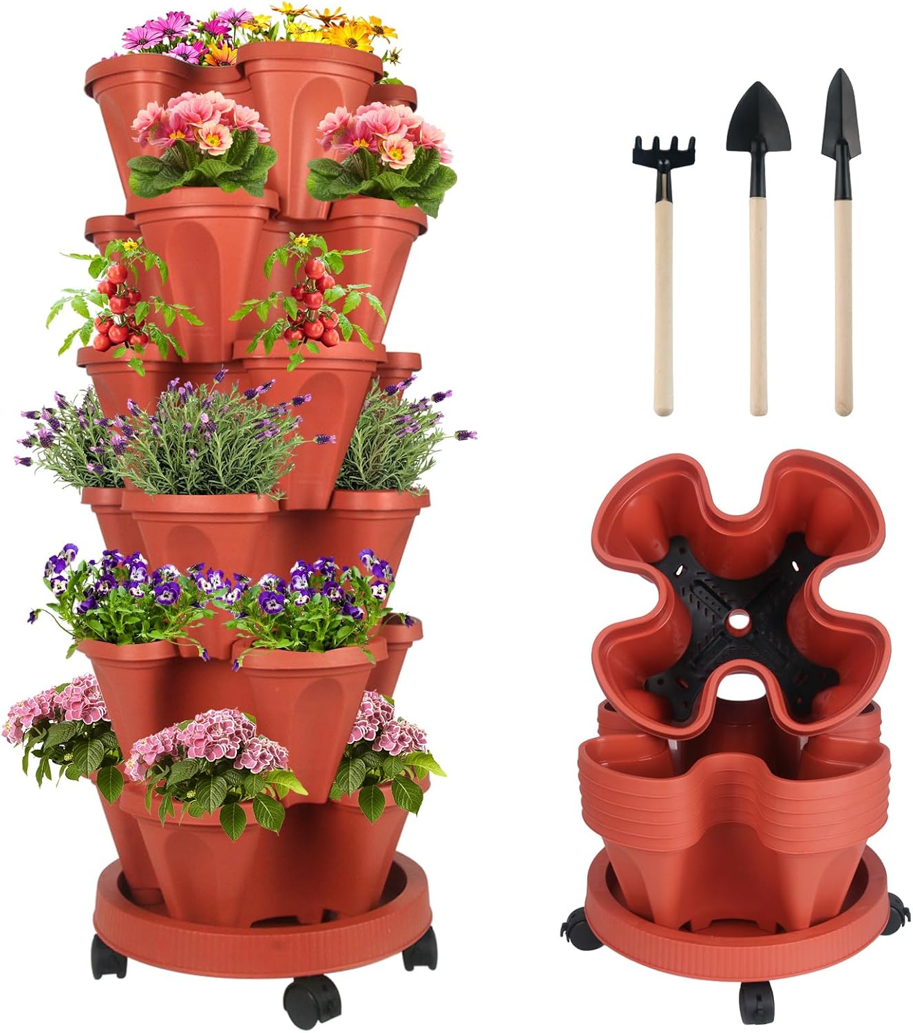 DUNCHATY Stackable Planters 6 Tier Vertical Garden Planting Tower Planters Strawberry, Herb, Flower, and Vegetable Planter Indoor Outdoor Gardening Pots with Removable Wheels and Tools