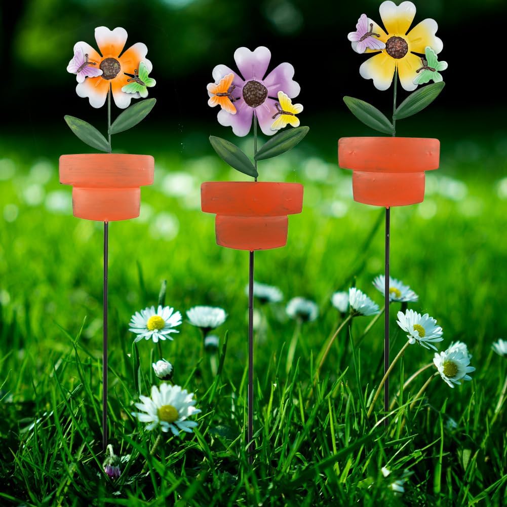 Metal Garden Stakes Decor,3 Pack Flowers Pot Decorative Garden Stakes, Waterproof Spring Outdoor Decor,Metal Flowers Garden Decor for Outside,Lawn,Yard,Pathway