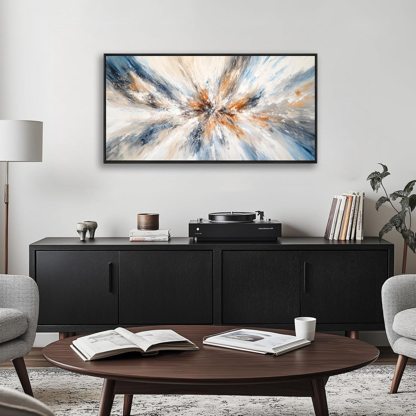 Abstract Painting Wall Art Small Size Framed Canvas Prints 20" x 40" Blue and Orange Abstract Modern Minimalist Living Room Decor for Bedroom Office Wall Décor