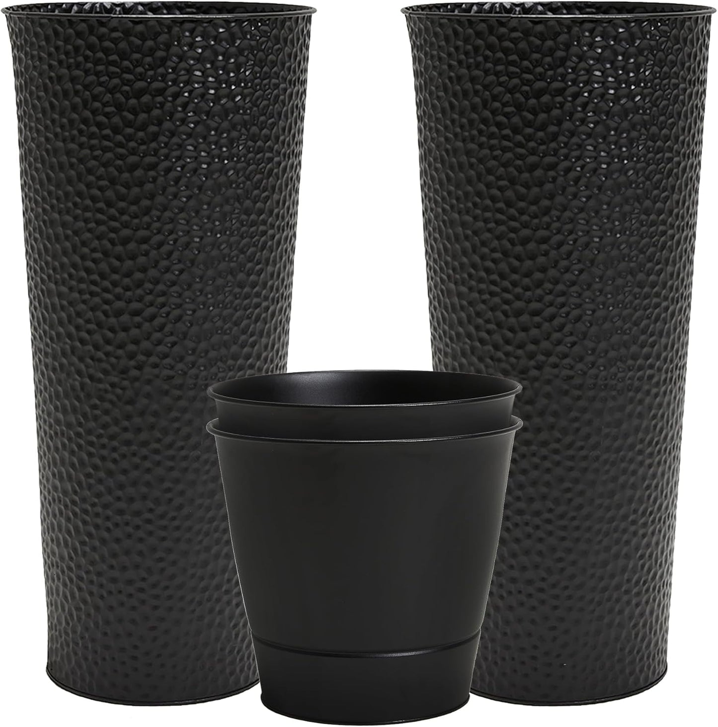 Worth Garden 2-Pack 28" H. Metal Planter with 2X Inside Pots - Hand-Hammered Texture Tall Narrow Tapered Plant Pots - Large Handcrafted Flower Pot for Indoor Outdoor, Deck, Patio, Front Porch (Black)