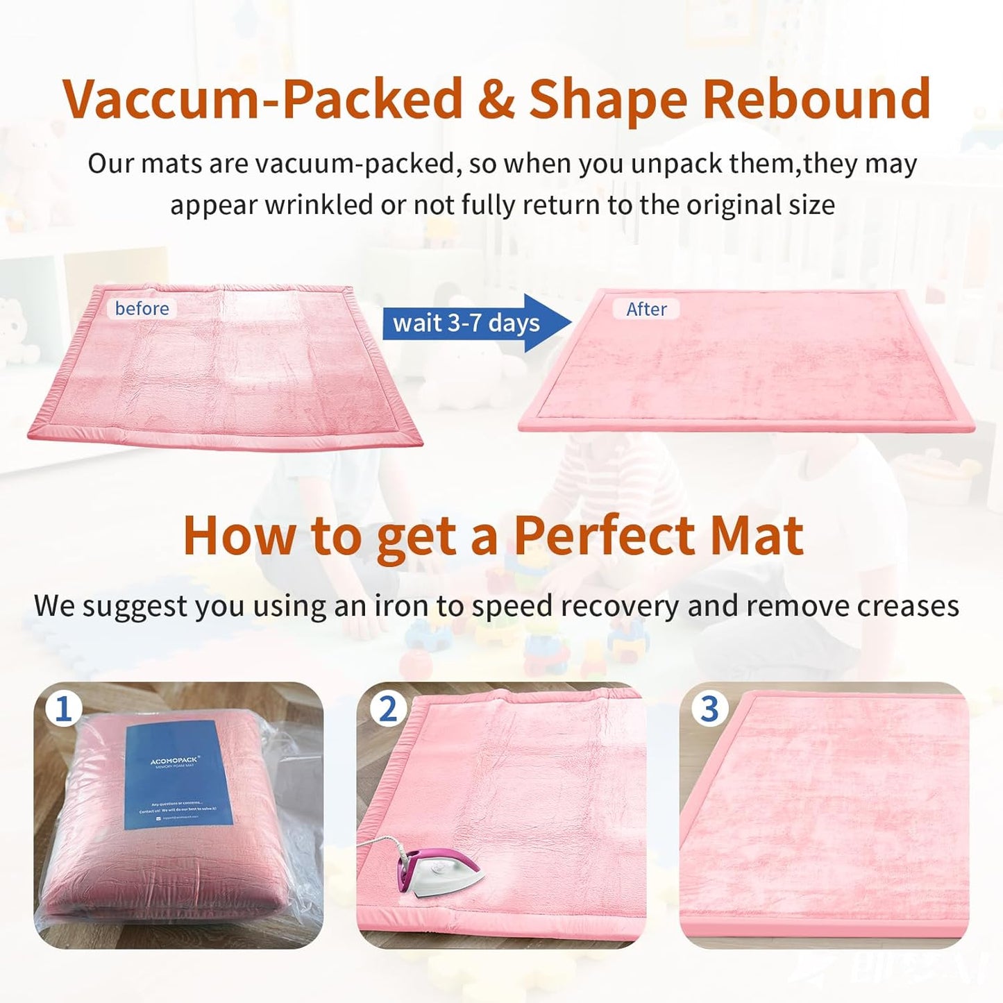 ACOMOPACK Baby Play Mat for Floor,1.3" Thick Memory Foam Area Rug for Living Room,Soft Velvet Crawling with Non-Slip Bottom for Kid,Toddler,79"×118" Tummy Time Nursery Rugs,Yoga（Pink）