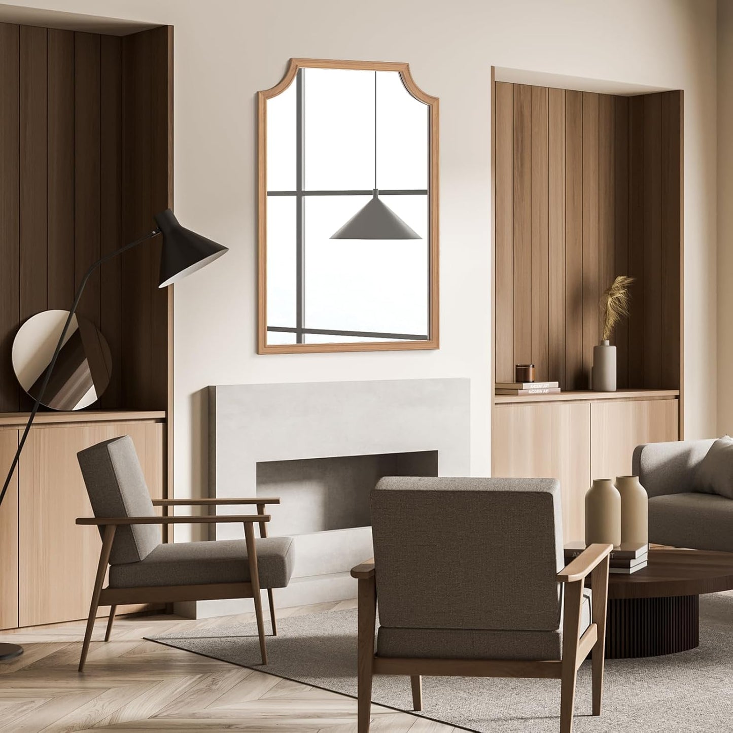 WallBeyond Wood Framed Mirror with Scalloped, 24" x 36" Farmhouse Arch Wall Mirror for Bathroom Entryway Living Room or Bedroom Home Decor [Honey-Colored]