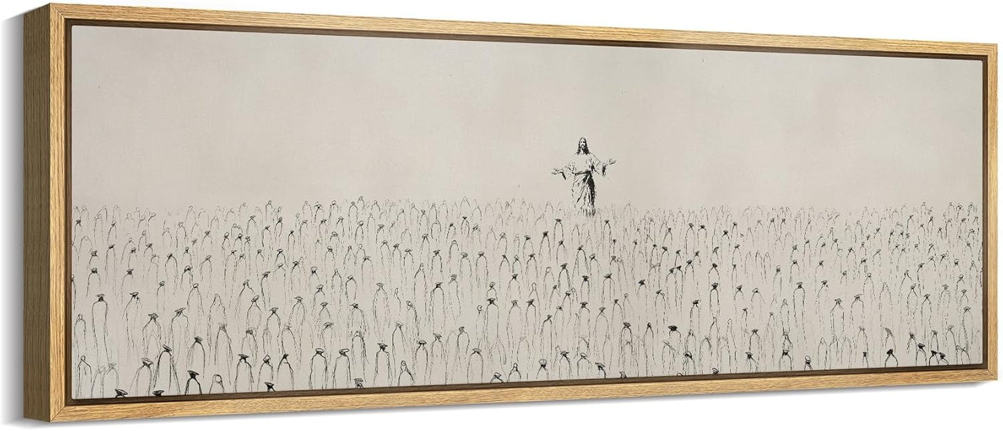 MUDECOR Large Framed Canvas Print Wall Art Jesus Among The People Monochrome Religious Illustrations Decorative Colorful Multicolor for Bedroom - 60"x20"