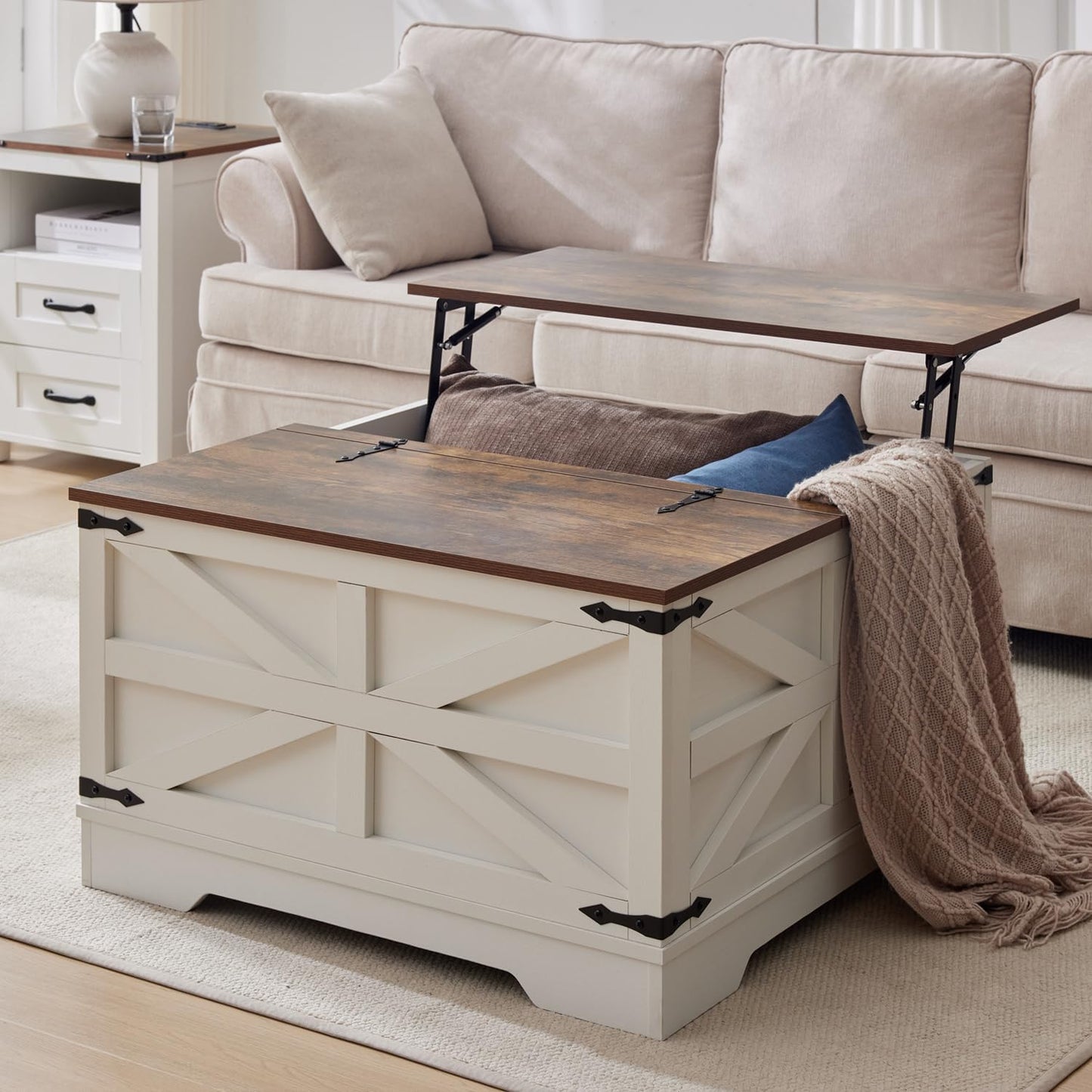 Coffee Table with Storage, Rustic White Square Coffee Tables for Living Room, Lift top Coffee Table with Large Hidden Compartment, Smart Cocktail Tables with Flip Top Lids for Home Office