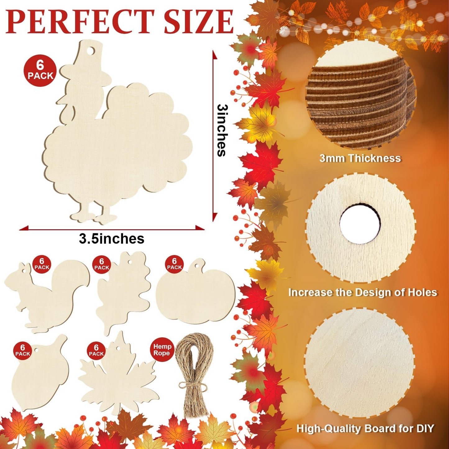 36PCS Wooden Fall Ornaments to Paint Thanksgiving Decorations, 6 Styles DIY Blank Autumn Unfinished Wood Maple Leaves Turkey Pumpkin Halloween Cutouts Ornament for Crafts Birthday Party Gifts Hanging