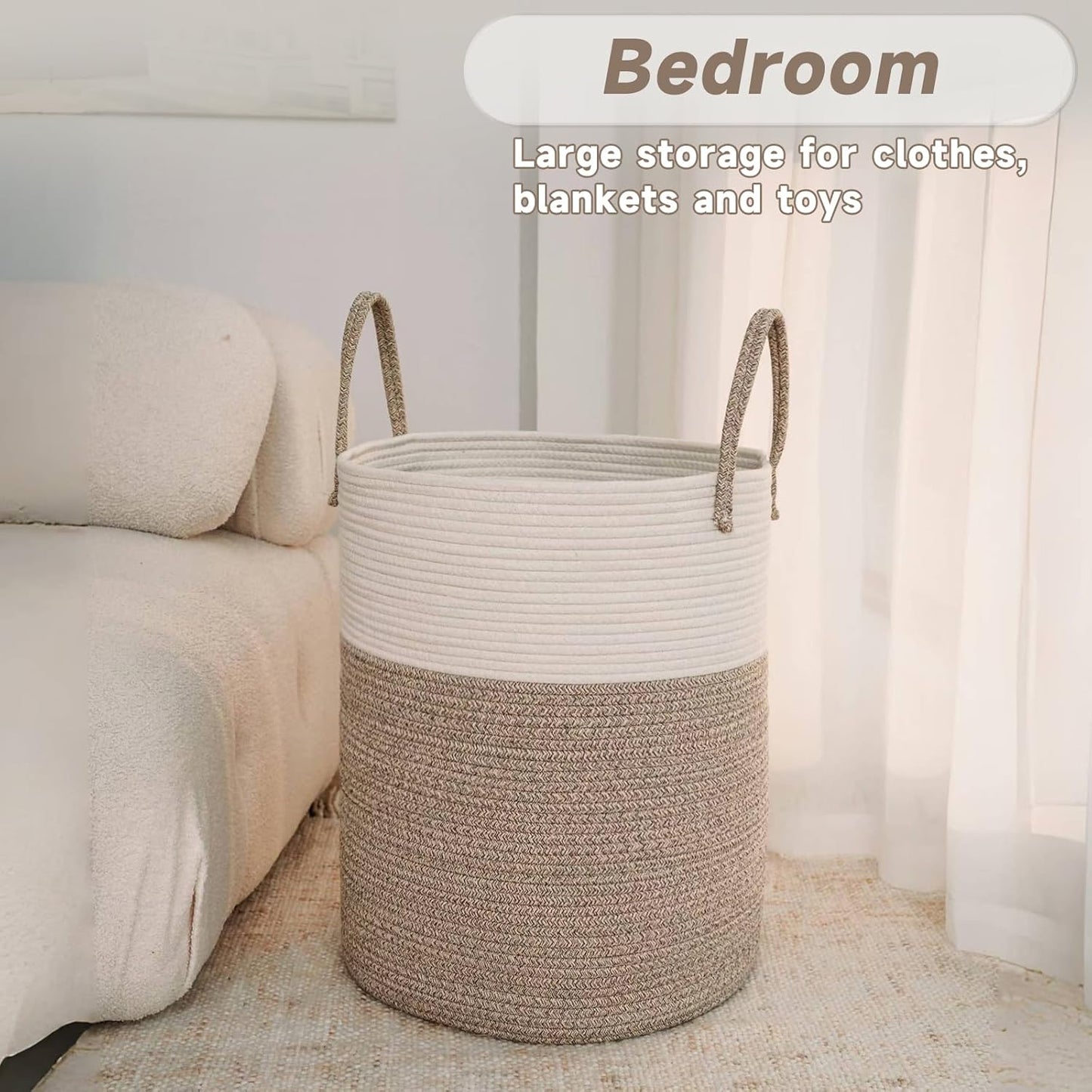 Large Woven Laundry Basket Hamper,100L Cotton Rope Storage Bin for Blankets,Toys and Clothes,Decorative Tall Nursery Hamper for Living Room,Baby Nursery,Bathroom and Bedroom,Brown