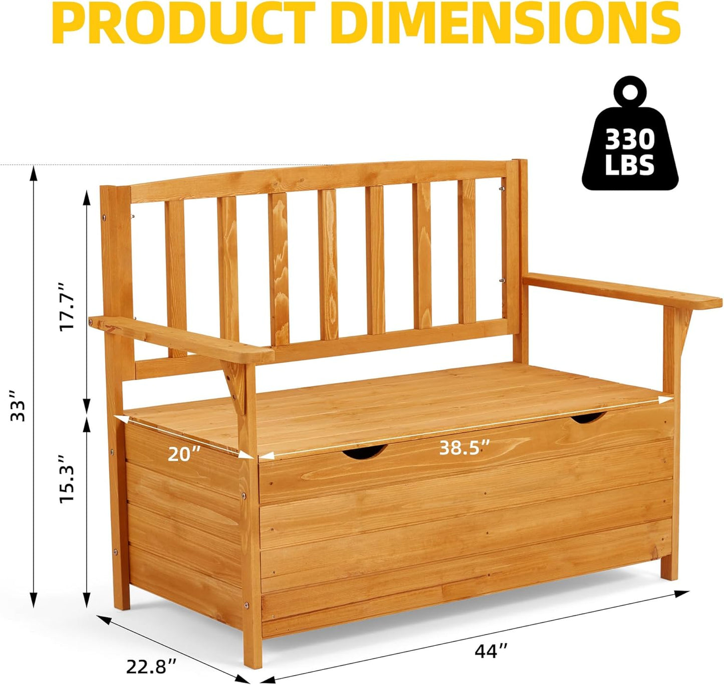 AVAWING Outdoor Storage Bench, Wooden Garden Bench Weatherproof, Patio Benches for Outside, 2-Seat Front Porch Bench, Park Bench for Deck, Lawn, Backyard (Yellow)