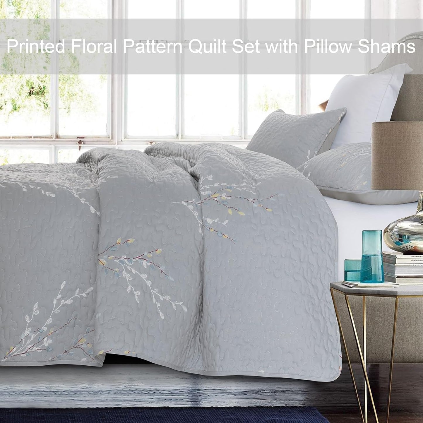 Exclusivo Mezcla Reversible Boho Quilt Set King Size, 3 Pieces Flowers Grey All Season Bedspreads, Ultra Soft Floral Coverlet Bedding Set with Printed Pattern (1 Quilt, 2 Pillow Shams)