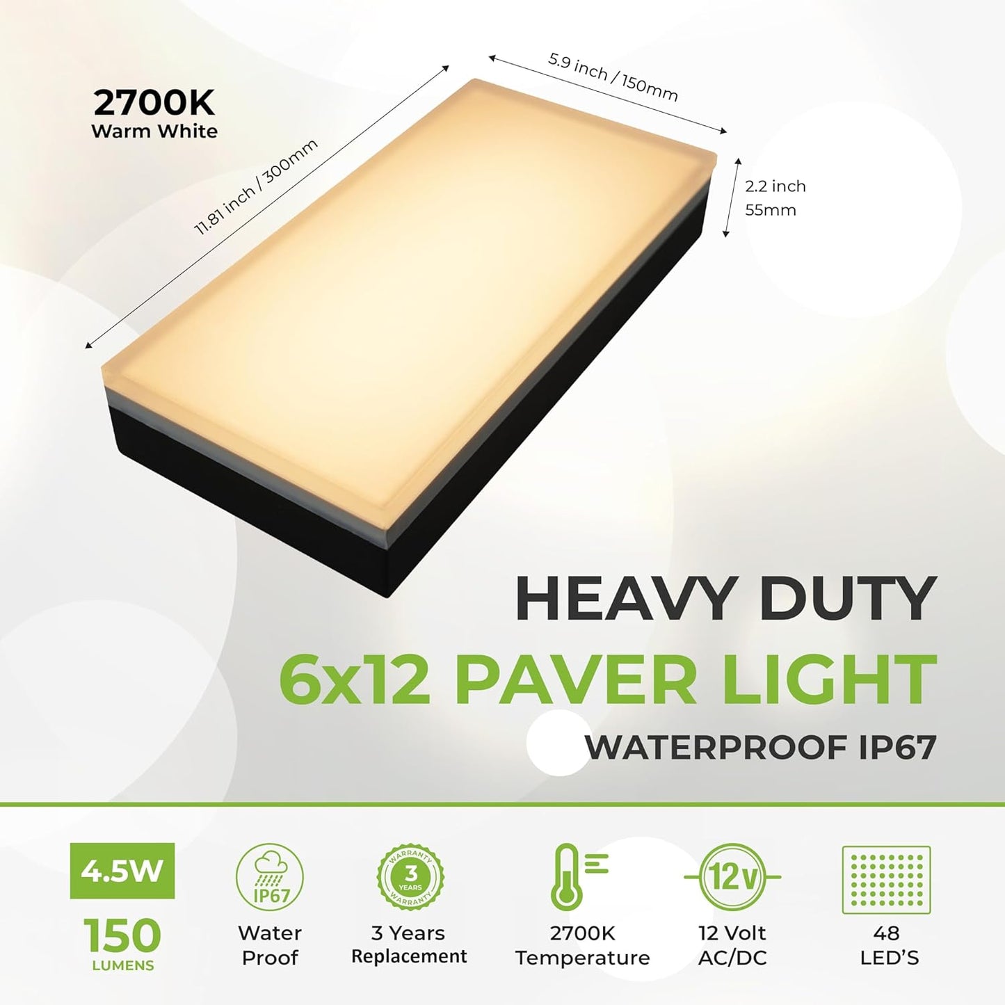 LUMENGY Paver Light 6X12 Inch (5.9 X 11.81 inch), Warm White 2700K Glare-Free Illumination for Driveways, Pathways, Pool Deck & Patios,12V AC/DC, Waterproof & Drive-Over Rated