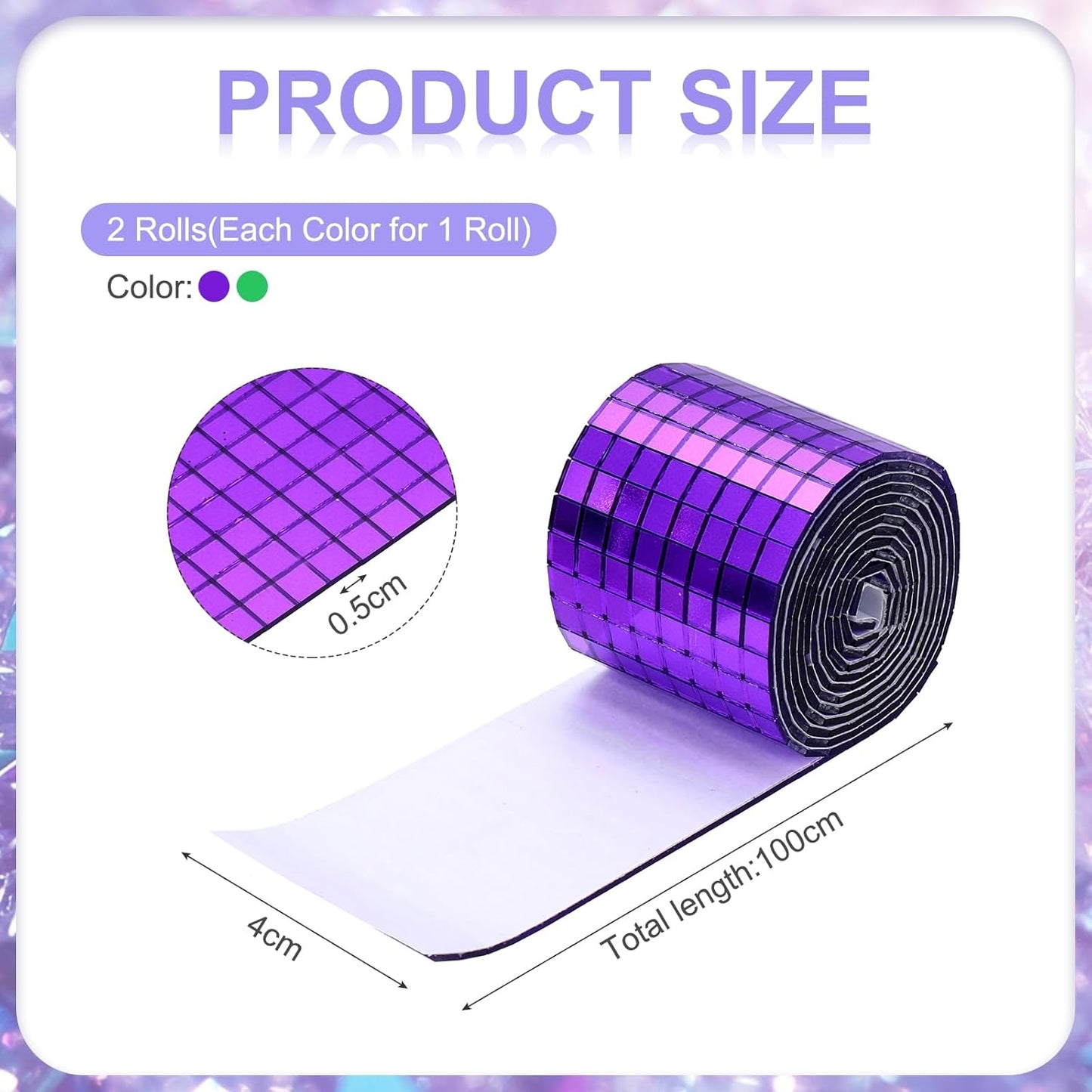 MECCANIXITY Self Adhesive Glass Mirror Mosaic Tiles 3200 Pcs 5 x 5 mm Disco Tiles for Craft Decoration Glass Mirror Disco Ball 2 Rolls (Purple/Green)
