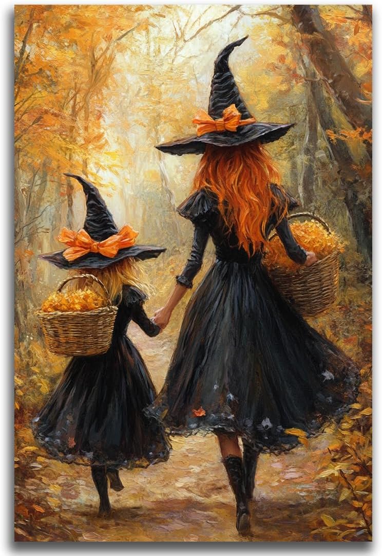 Mother Witch And Child Daughter Witch Wall Art,Halloween Autumn Woodland Forest Path Picture,Family Room Nursery Playroom Kids Room Decor,16"x24" Unframed