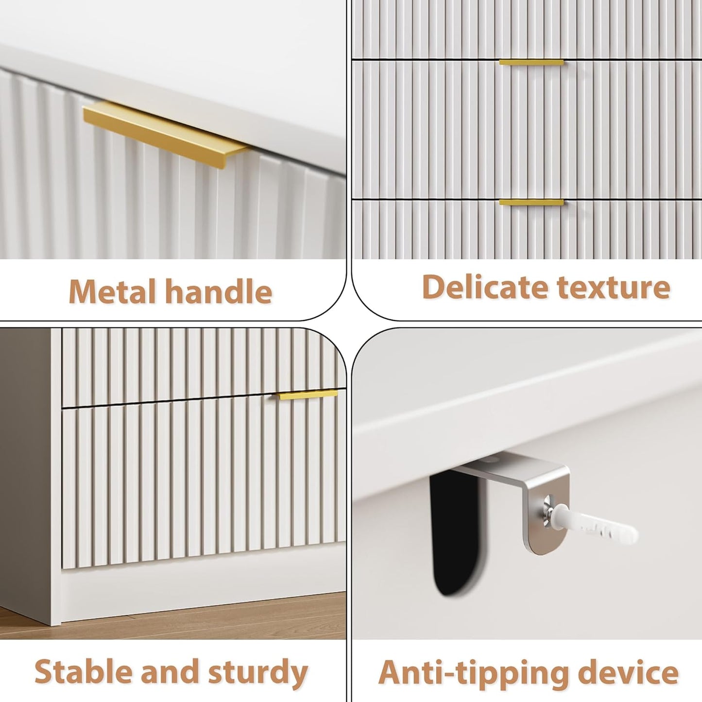 White Fluted Dresser for Bedroom, 32 Inch Wide Nightstand with Large Drawer, 3 Drawer End Table for Bedroom, Living Rooms, Offices, and Entryways