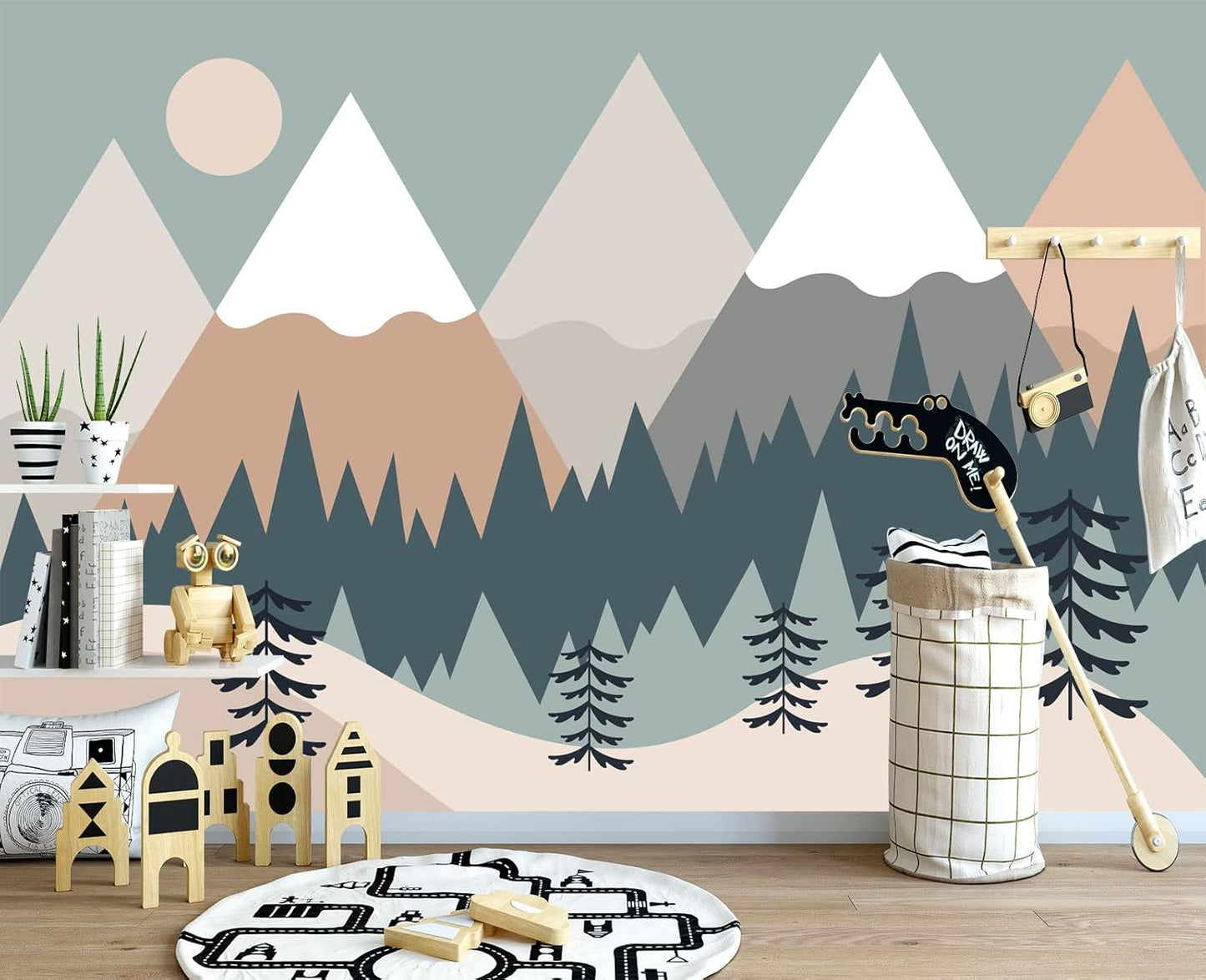 Children's Cartoon Mountain Peak Forest Sun Nursery Wall Mural Wallpaper 137" x 100"