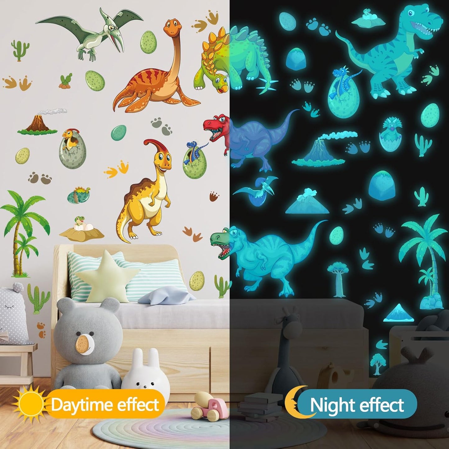 Glow in The Dark Wall Decals - Colorful Large Removable Self-Adhesive Dinosaur Decal for Ceiling, Boys Bedroom, Kids Baby Nursery, Living Room Decoration