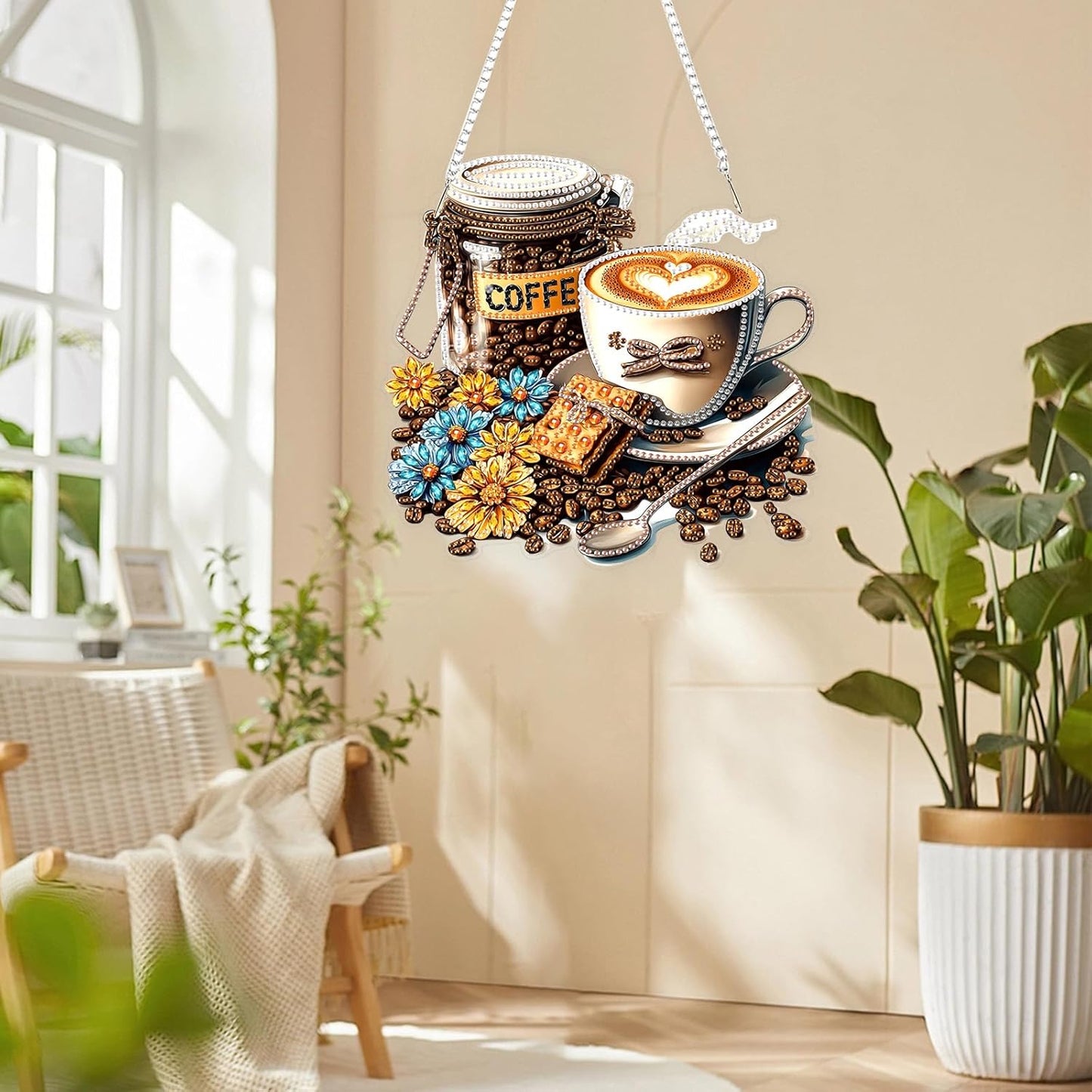 Lxmsja DIY Coffee Beans Diamond Painting Hanging Ornament, Double-Sided Acrylic Flowers Diamond Art Kit, Special Shaped Drill Pendant Window Art Kit, Suncatcher Hanging Craft Decoration 8x8 inch