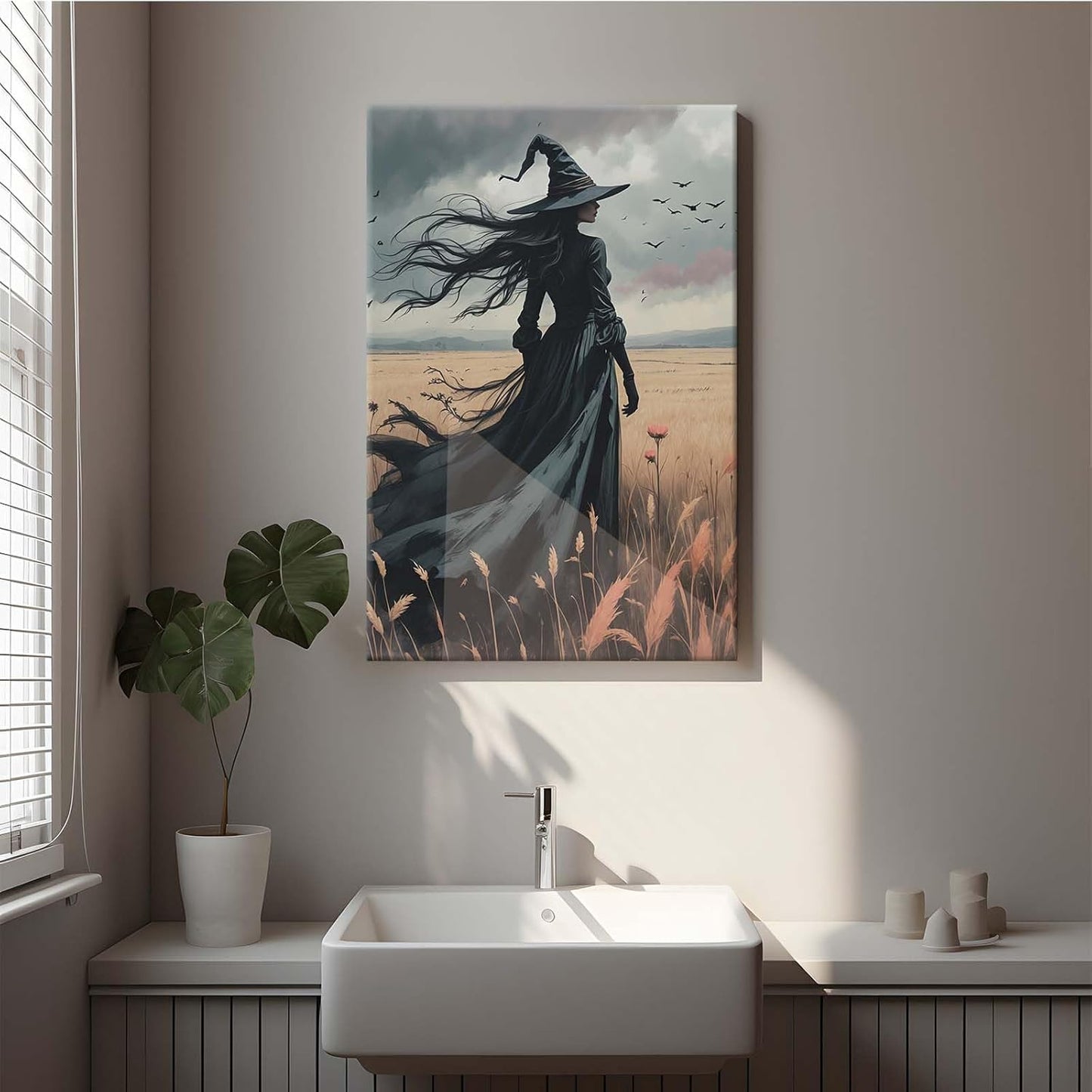 JFHCQJPK Gothic Decor Canvas Wall Art Witch in Rice Field Halloween Art Decor Print Nature Print Victorian Home Bedroom20x30in Frameless