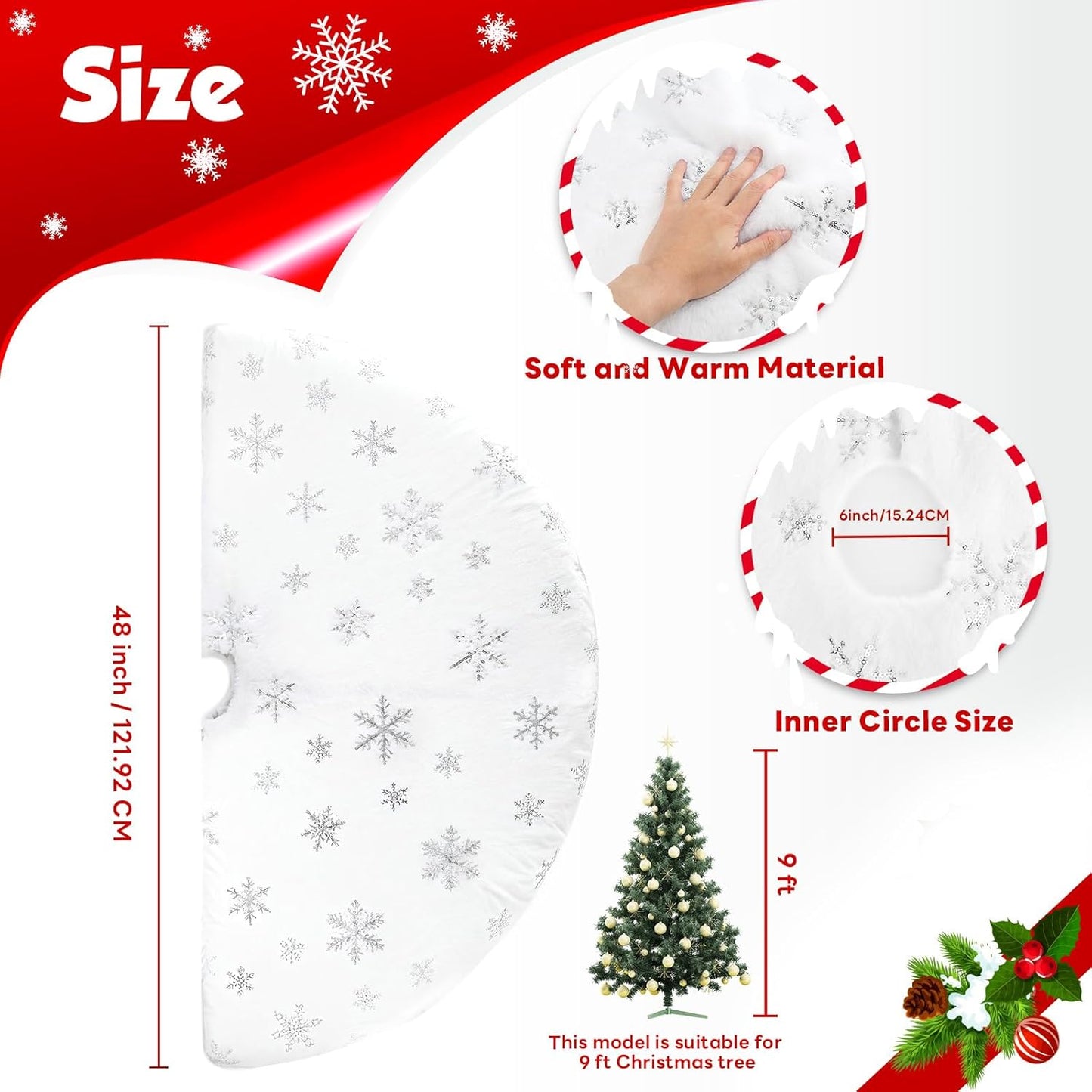 Christmas Tree Skirt 48 Inch, Holiday Part Decorations for Christmas Tree, Whit Plush Sliver Sequin Snowflake Tree Shirt for Xmas