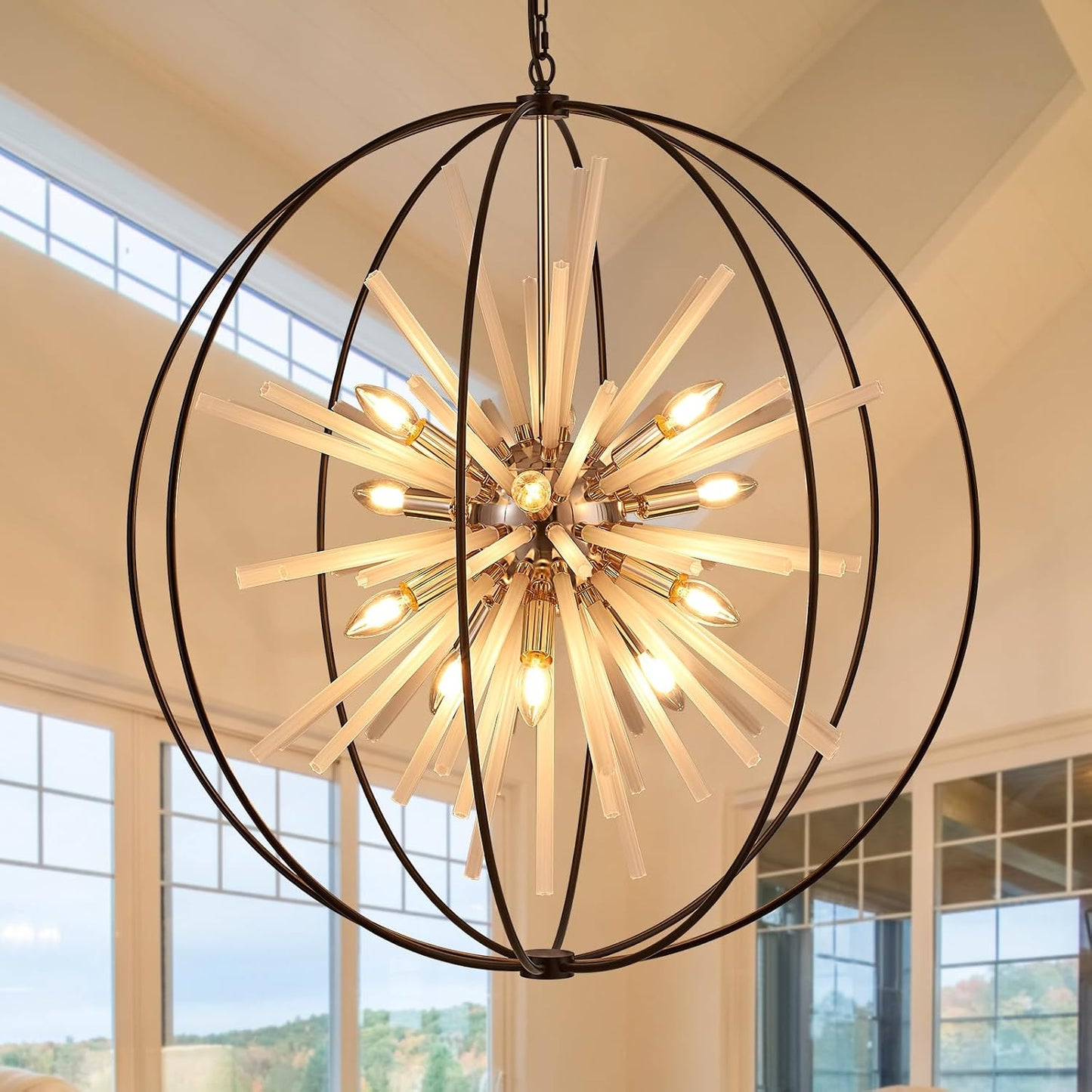 31.5" Black Gold 16-Light Globe Sputnik Chandelier Modern Industrial Adjustable Hanging Ceiling Pendant Light Fixture for Entryway Foyer Stairway Dining Living Room Hallway